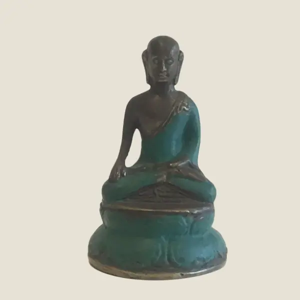 Antique Bronze Buddha | 1900s Indian Statue, Green Enamel & Original Patina