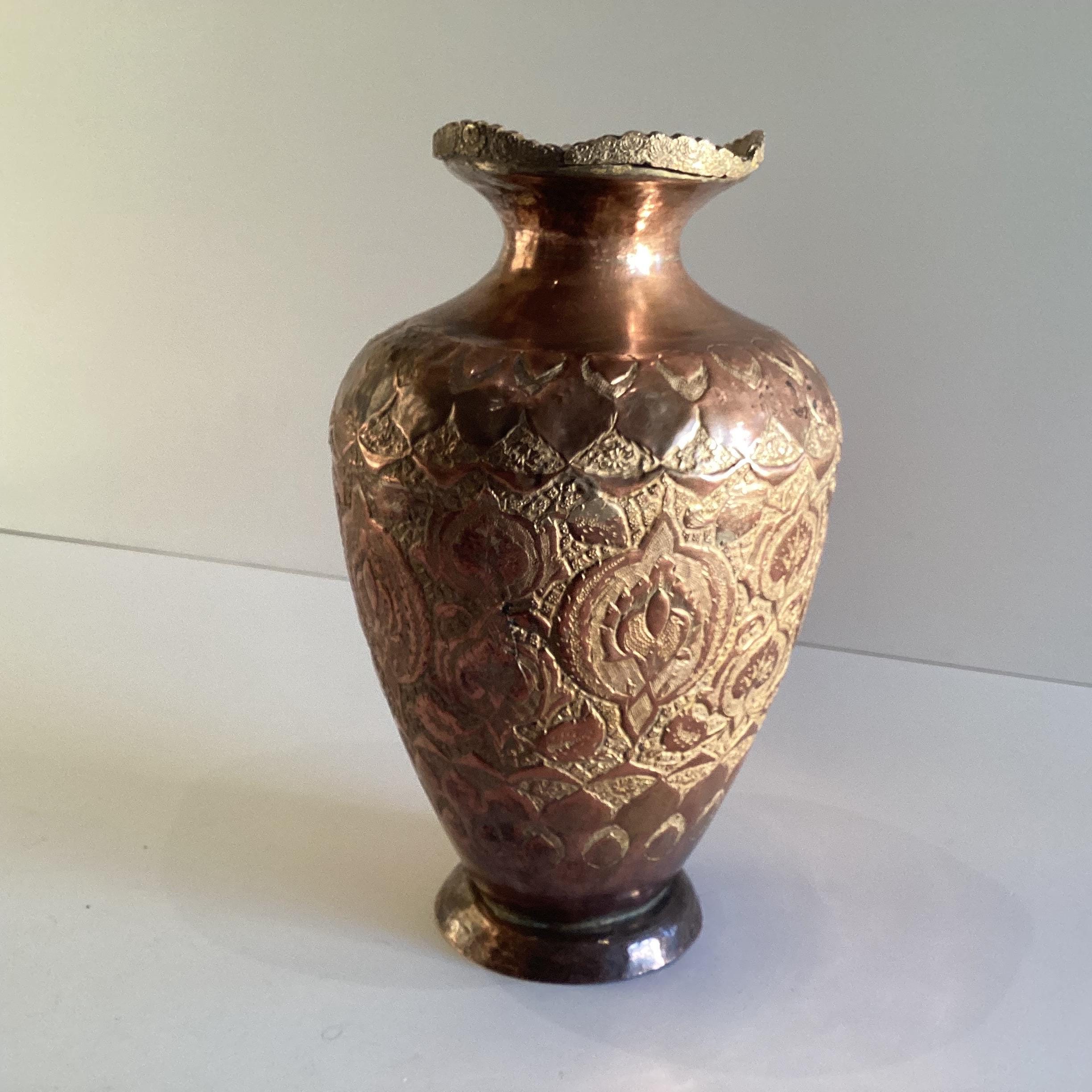Antique Copper Vase | 19th Century Oriental Silver Plated, Hand Engraved Metalwork — photo 2 of 11