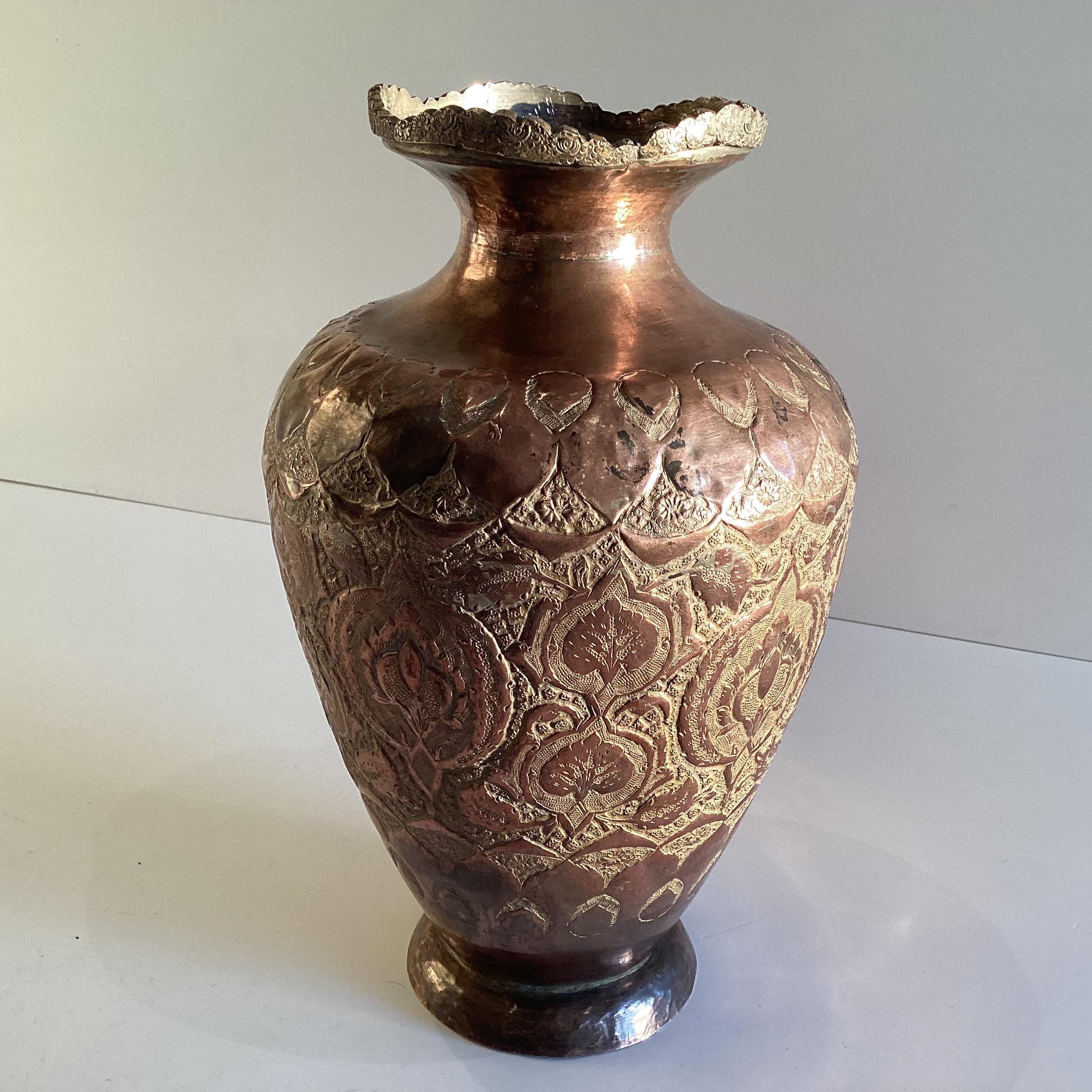 Antique Copper Vase | 19th Century Oriental Silver Plated, Hand Engraved Metalwork — photo 3 of 11