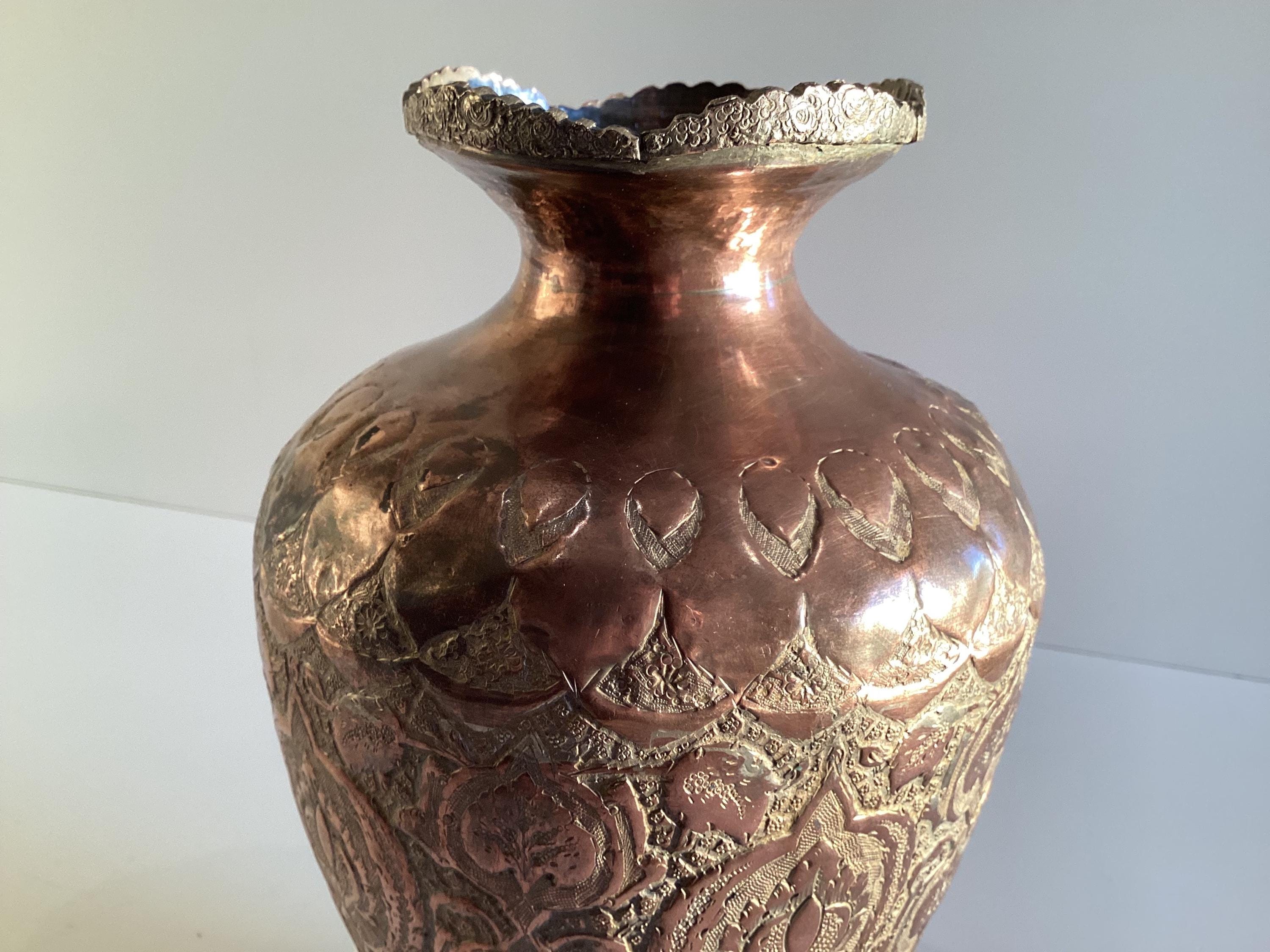 Antique Copper Vase | 19th Century Oriental Silver Plated, Hand Engraved Metalwork — photo 4 of 11
