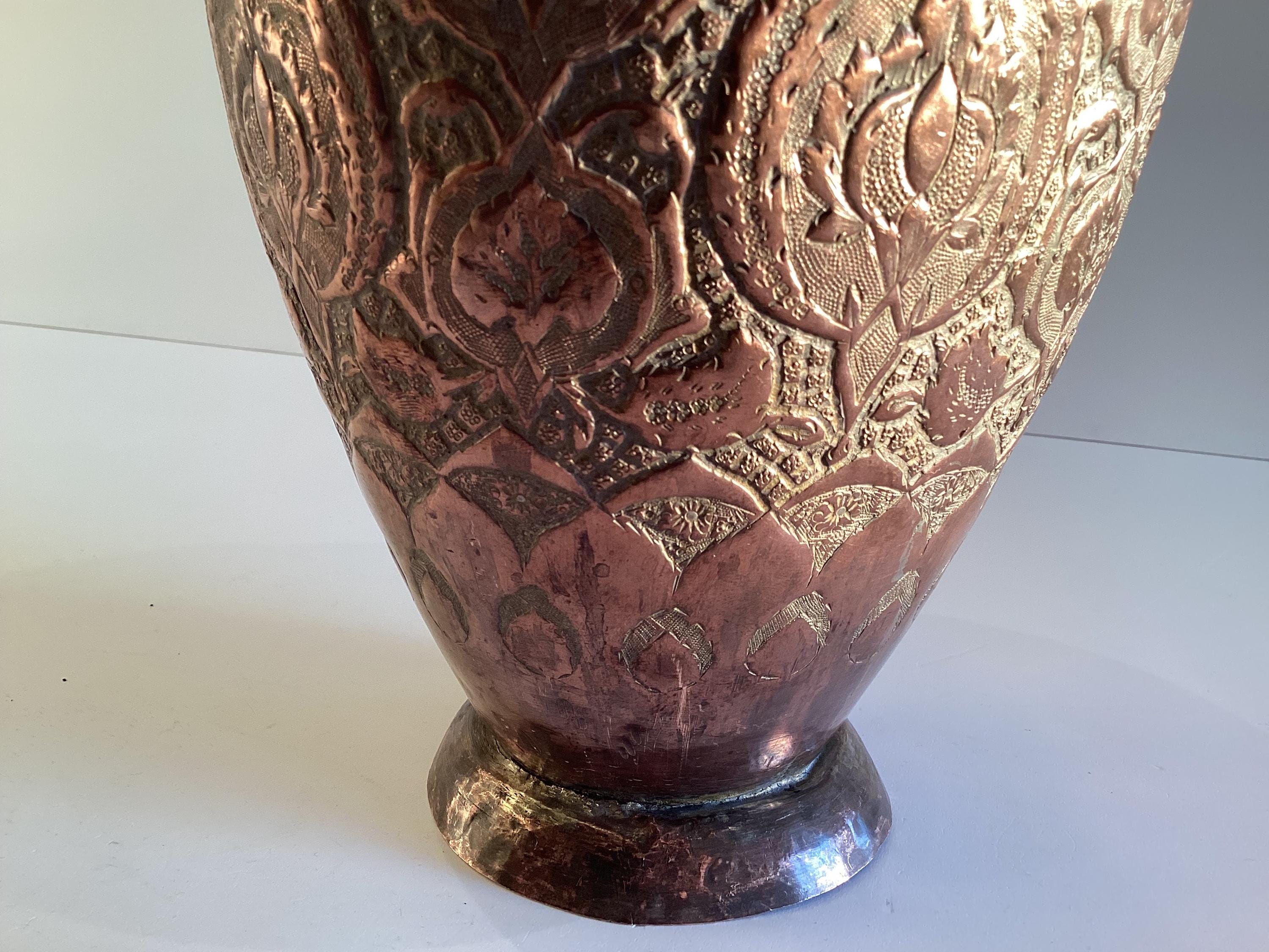 Antique Copper Vase | 19th Century Oriental Silver Plated, Hand Engraved Metalwork — photo 5 of 11