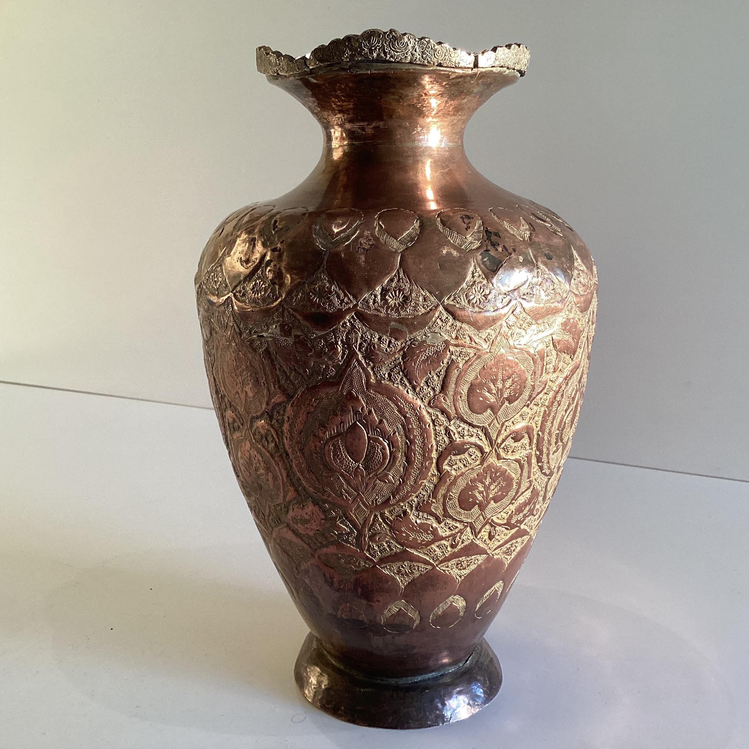 Antique Copper Vase | 19th Century Oriental Silver Plated, Hand Engraved Metalwork — photo 6 of 11