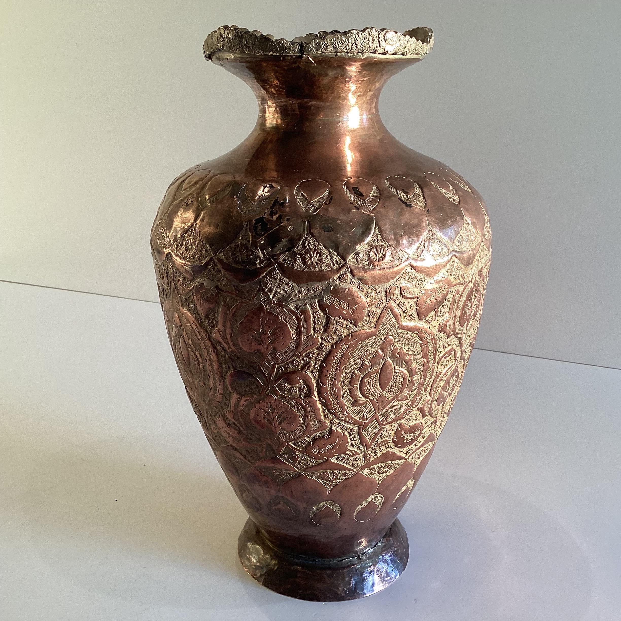 Antique Copper Vase | 19th Century Oriental Silver Plated, Hand Engraved Metalwork — photo 7 of 11