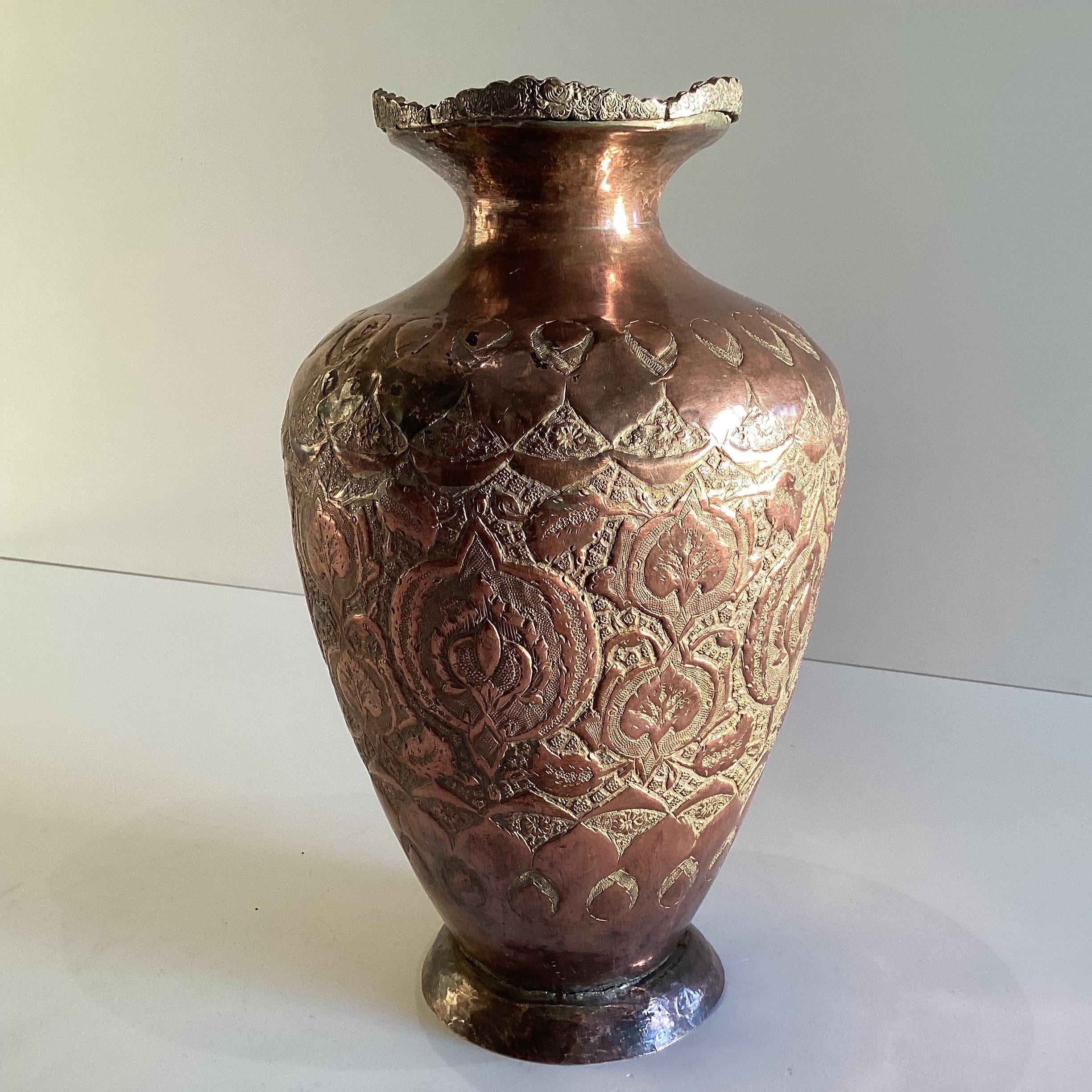 Antique Copper Vase | 19th Century Oriental Silver Plated, Hand Engraved Metalwork — photo 8 of 11