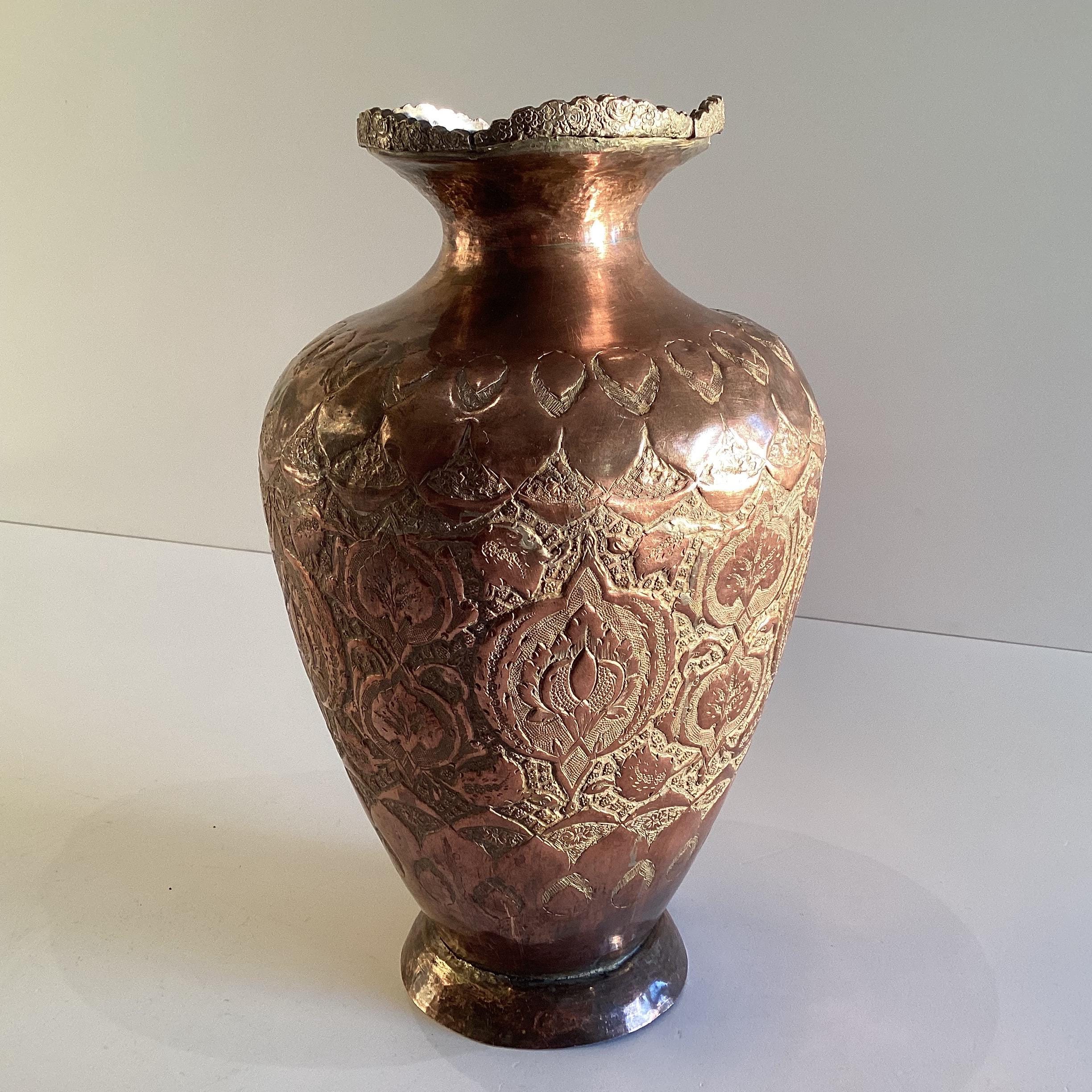 Antique Copper Vase | 19th Century Oriental Silver Plated, Hand Engraved Metalwork — photo 9 of 11