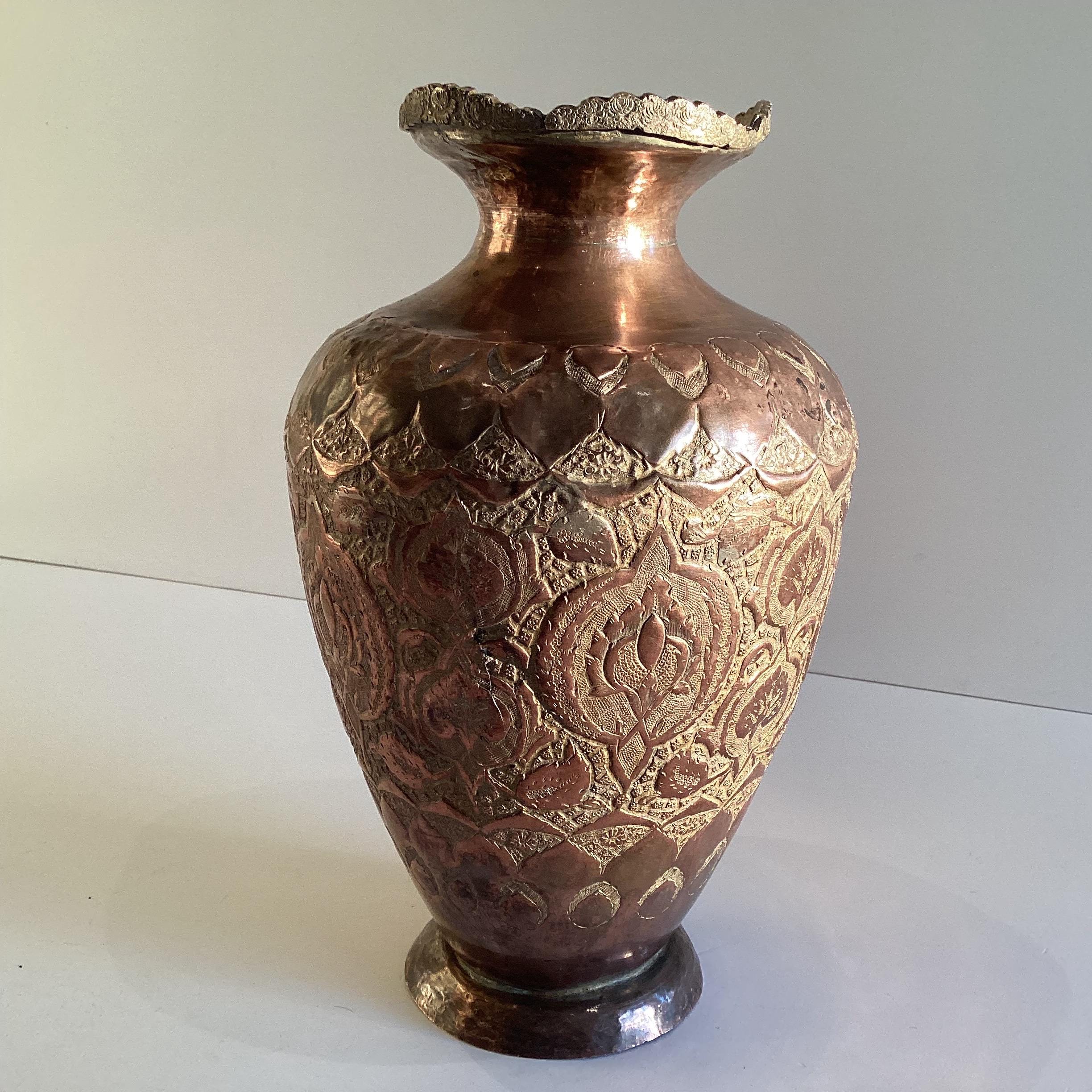 Antique Copper Vase | 19th Century Oriental Silver Plated, Hand Engraved Metalwork — photo 10 of 11