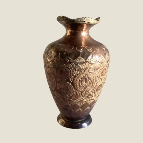 Antique Copper Vase | 19th Century Oriental Silver Plated, Hand Engraved Metalwork