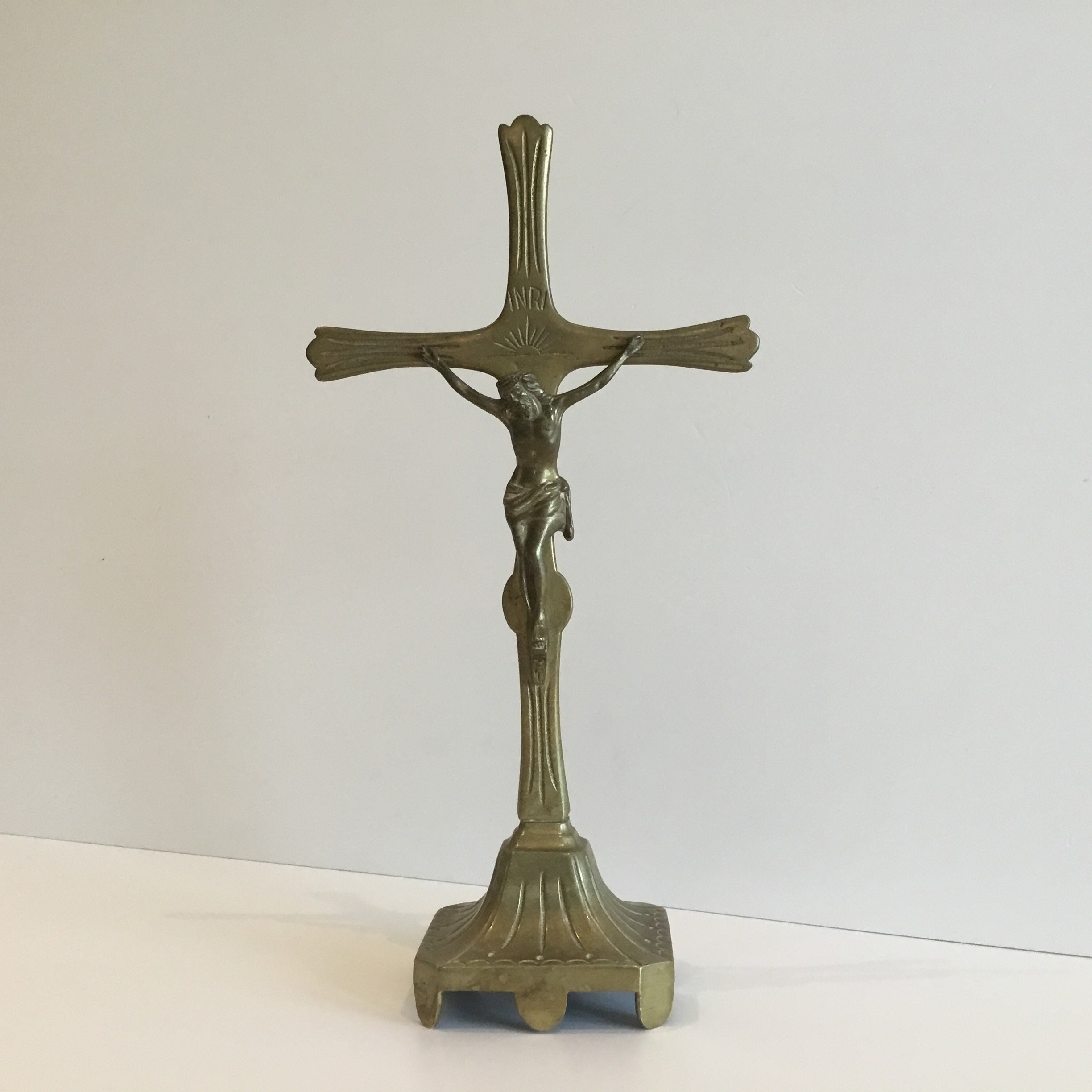 Antique Crucifix | 1900s Brass Altar Cross, Marked DL Registered Liturgical Art, — photo 2 of 9