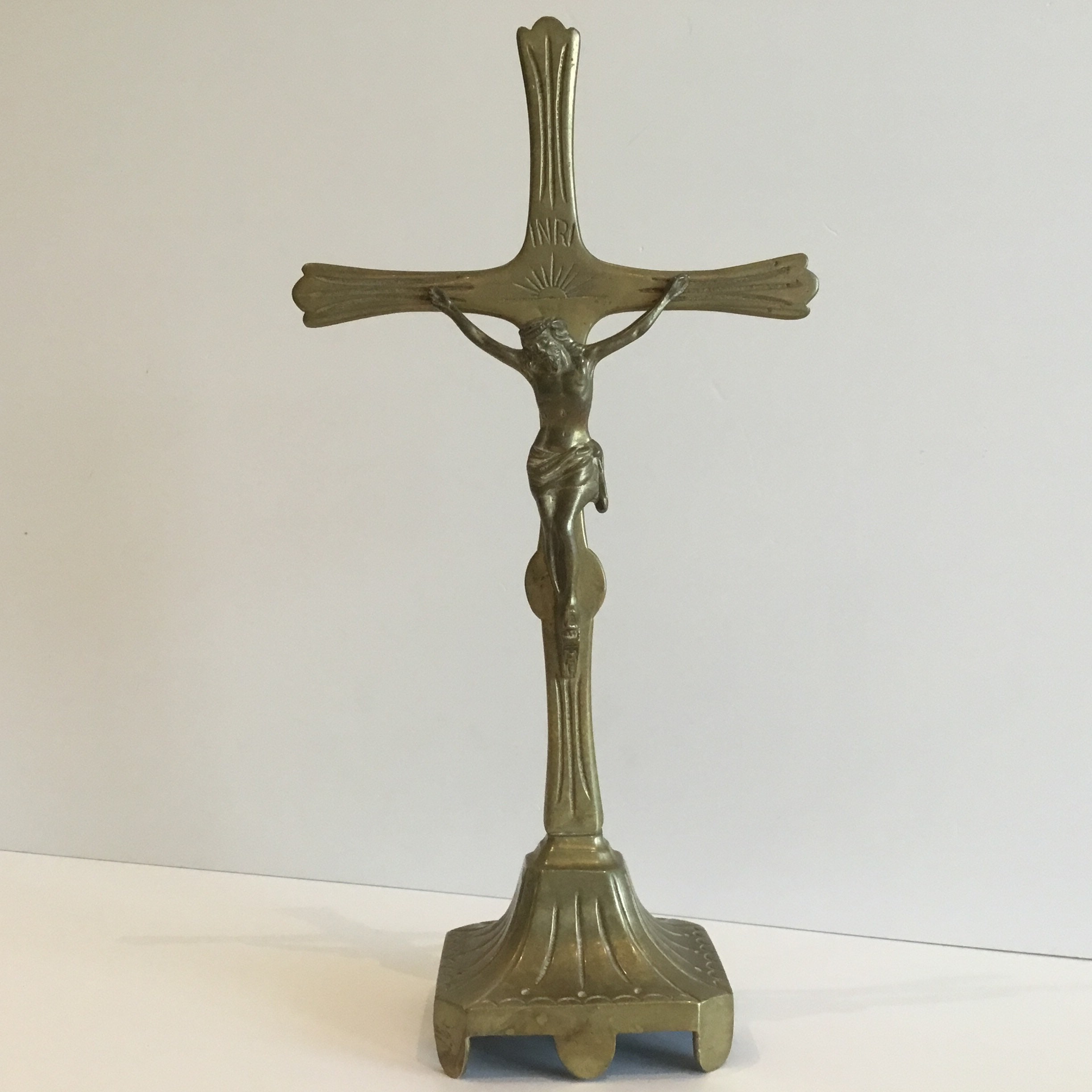 Antique Crucifix | 1900s Brass Altar Cross, Marked DL Registered Liturgical Art, — photo 3 of 9