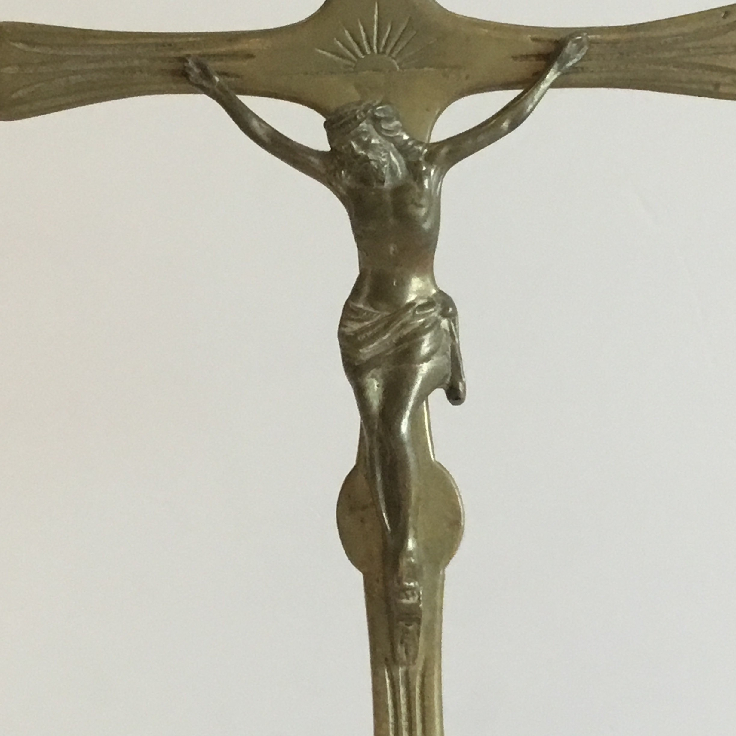 Antique Crucifix | 1900s Brass Altar Cross, Marked DL Registered Liturgical Art, — photo 4 of 9