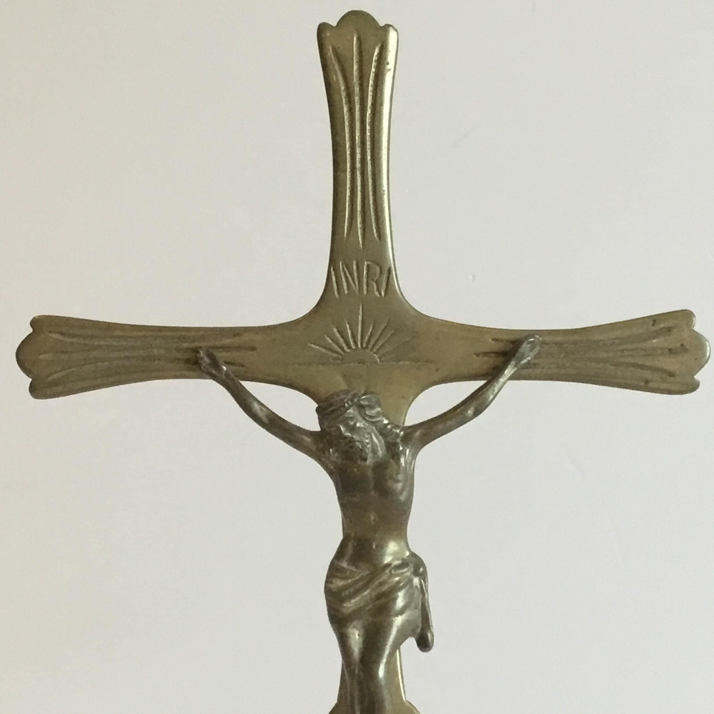 Antique Crucifix | 1900s Brass Altar Cross, Marked DL Registered Liturgical Art, — photo 5 of 9