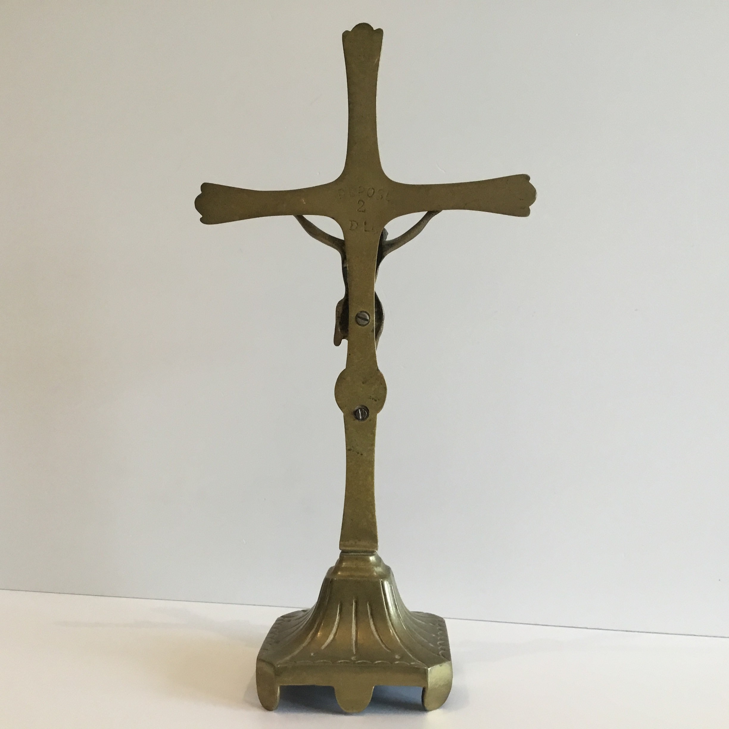 Antique Crucifix | 1900s Brass Altar Cross, Marked DL Registered Liturgical Art, — photo 6 of 9