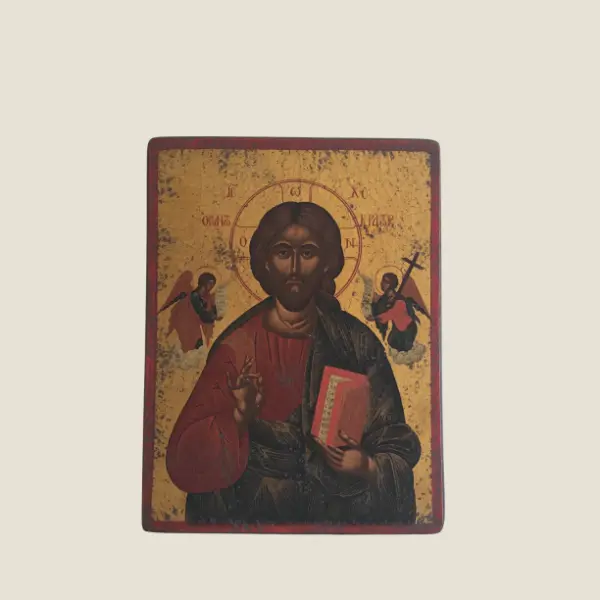 Vintage Orthodox Icon | Christ Pantocrator 1950s Greece, Tempera Gold on Wood