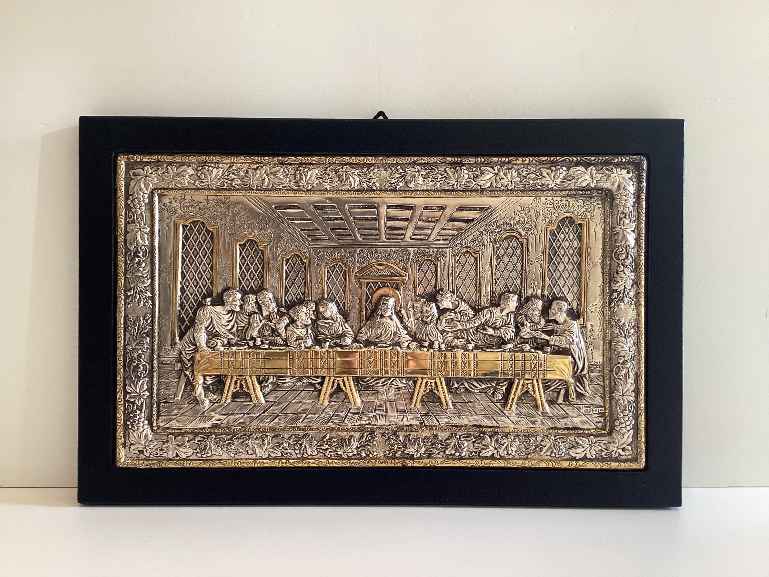Vintage Sterling Silver Plaque | Clarté Last Supper Relief, Two-Tone Gold Accent Religious Wall Art — photo 2 of 11