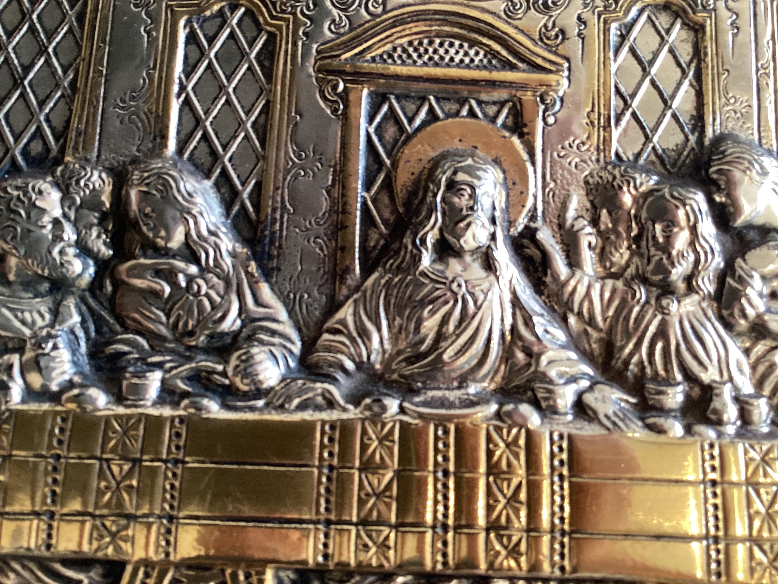 Vintage Sterling Silver Plaque | Clarté Last Supper Relief, Two-Tone Gold Accent Religious Wall Art — photo 11 of 11