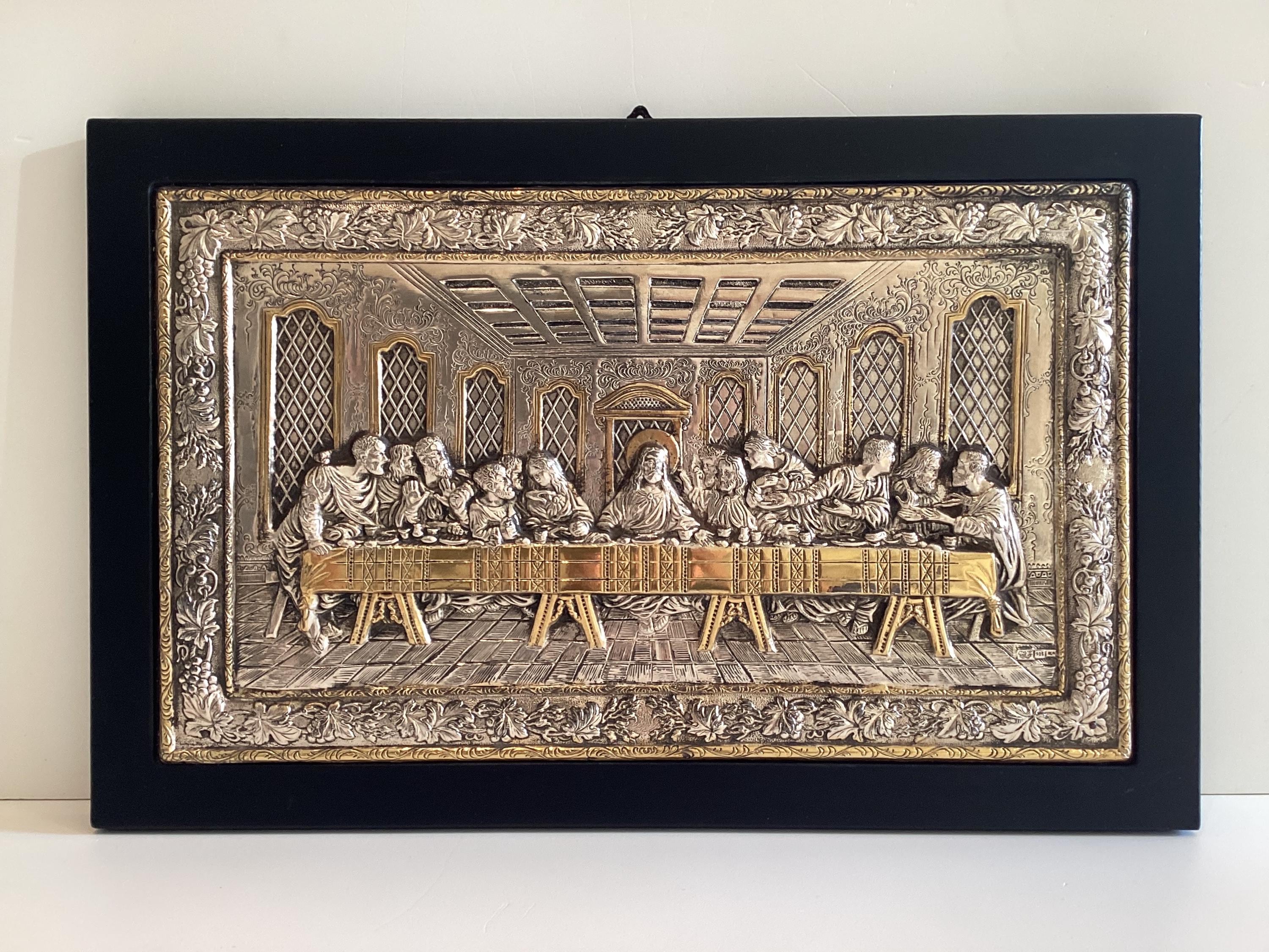 Vintage Sterling Silver Plaque | Clarté Last Supper Relief, Two-Tone Gold Accent Religious Wall Art — photo 3 of 11