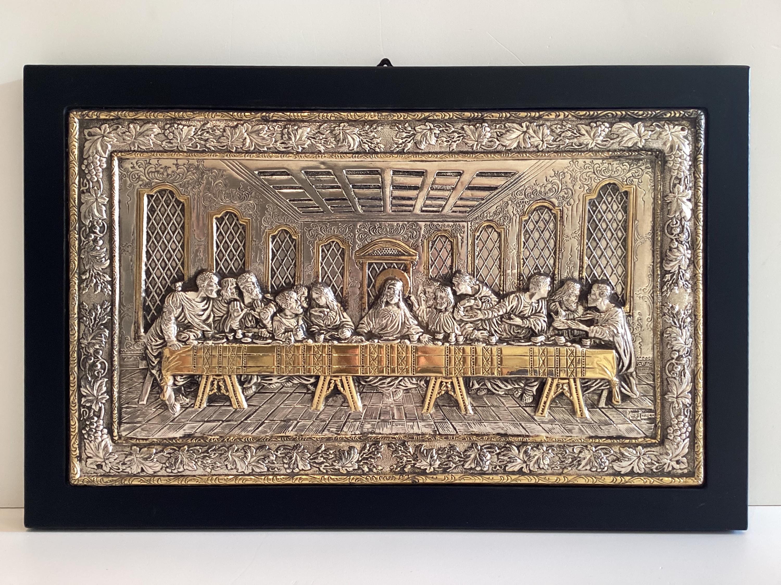 Vintage Sterling Silver Plaque | Clarté Last Supper Relief, Two-Tone Gold Accent Religious Wall Art — photo 4 of 11