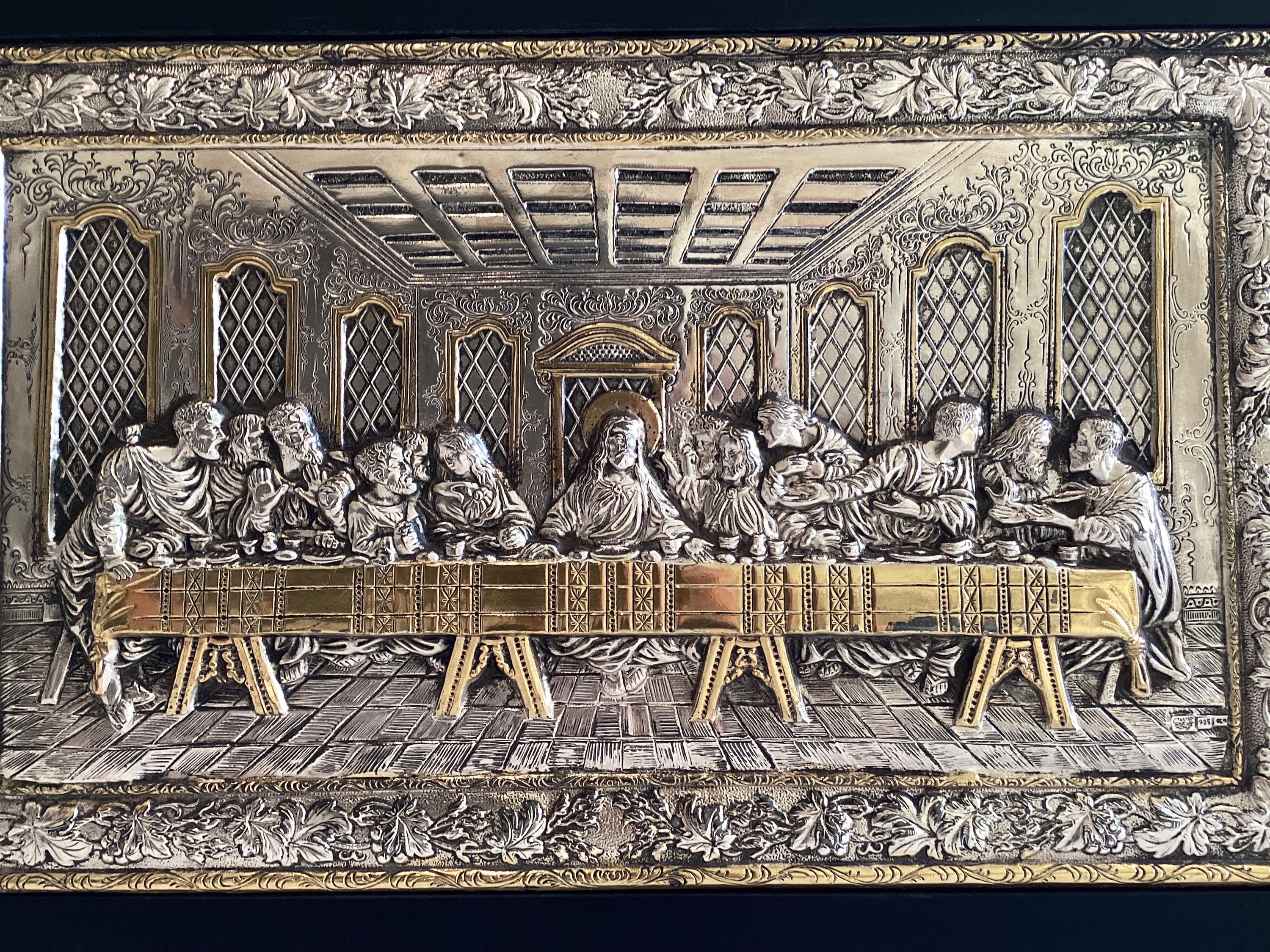 Vintage Sterling Silver Plaque | Clarté Last Supper Relief, Two-Tone Gold Accent Religious Wall Art — photo 5 of 11