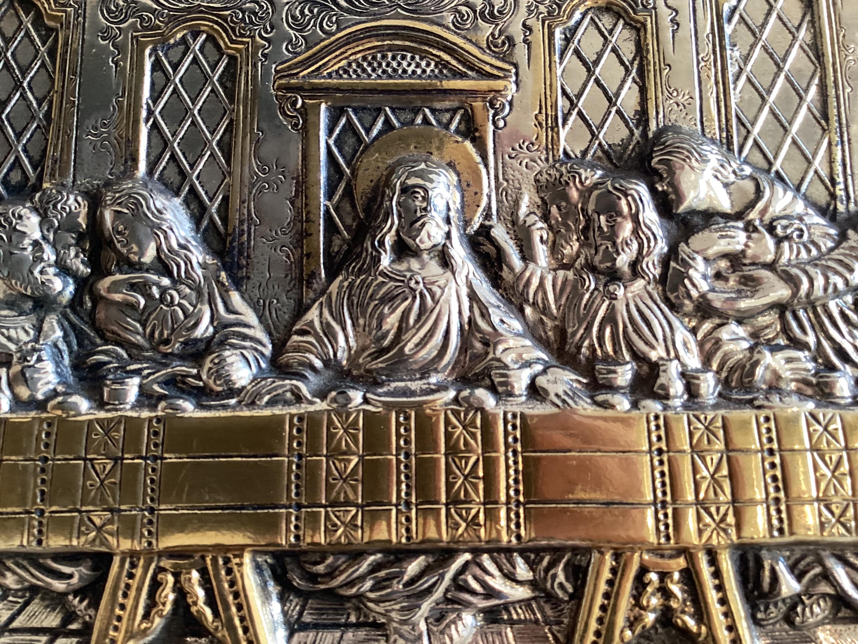 Vintage Sterling Silver Plaque | Clarté Last Supper Relief, Two-Tone Gold Accent Religious Wall Art — photo 7 of 11