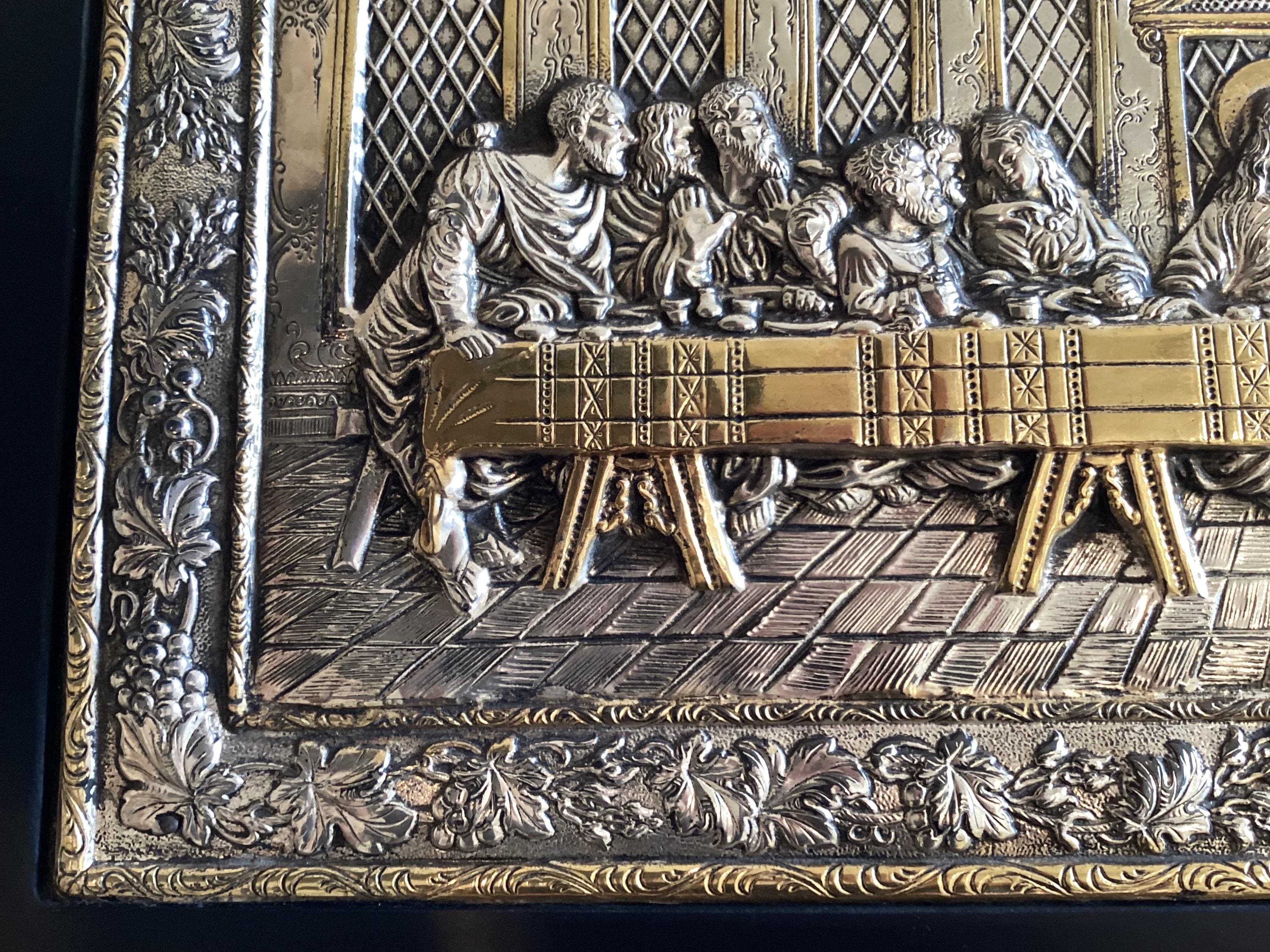 Vintage Sterling Silver Plaque | Clarté Last Supper Relief, Two-Tone Gold Accent Religious Wall Art — photo 10 of 11