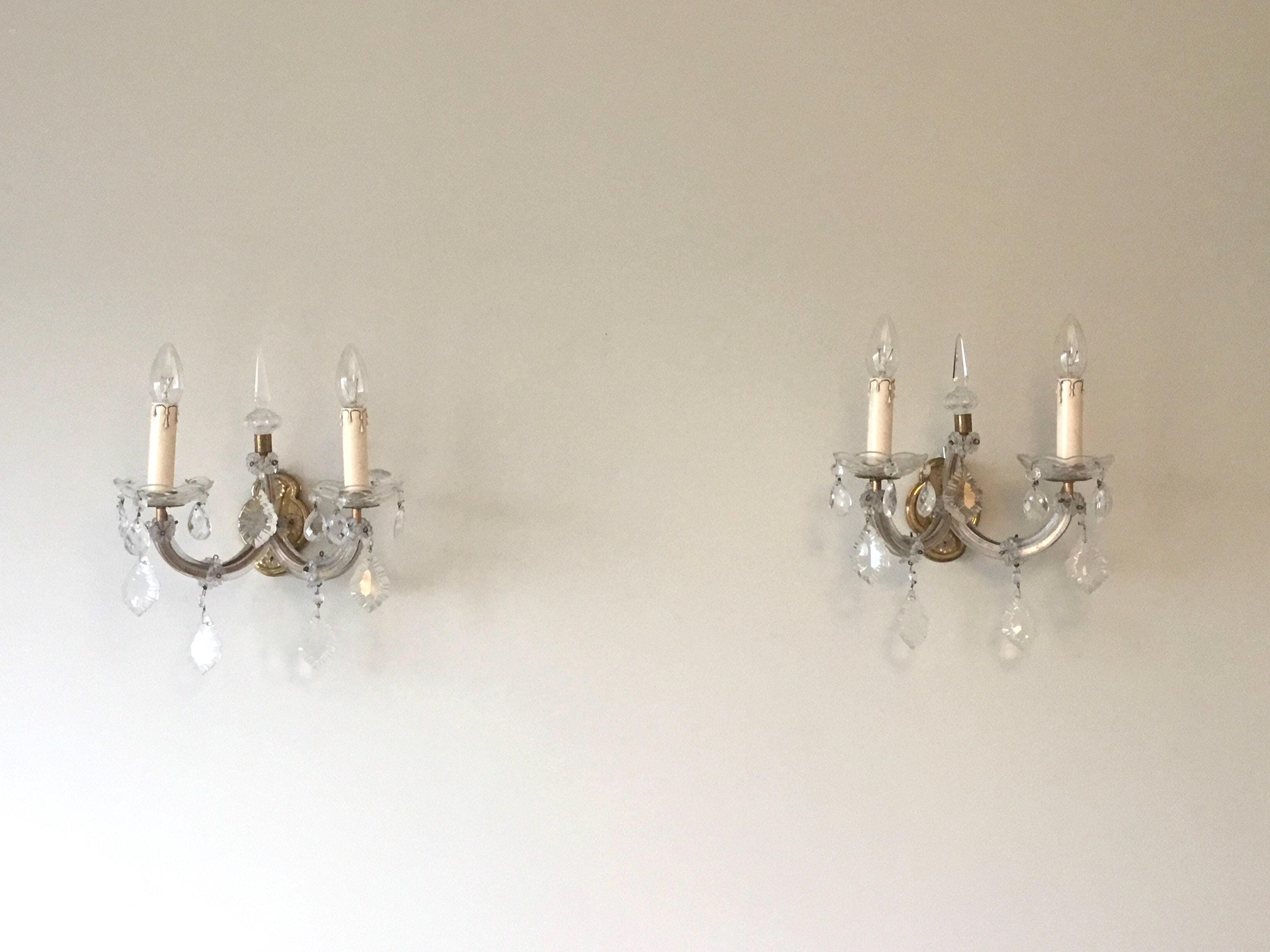 Vintage Wall Lamps | 1940s French Crystal and Brass Pair, Marie-Thérèse Style — photo 2 of 10