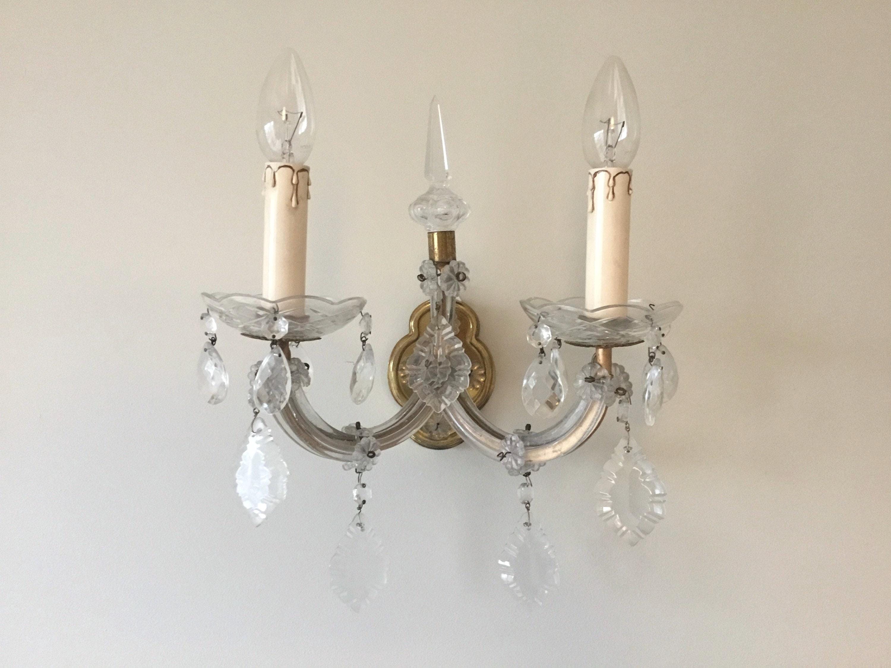 Vintage Wall Lamps | 1940s French Crystal and Brass Pair, Marie-Thérèse Style — photo 4 of 10