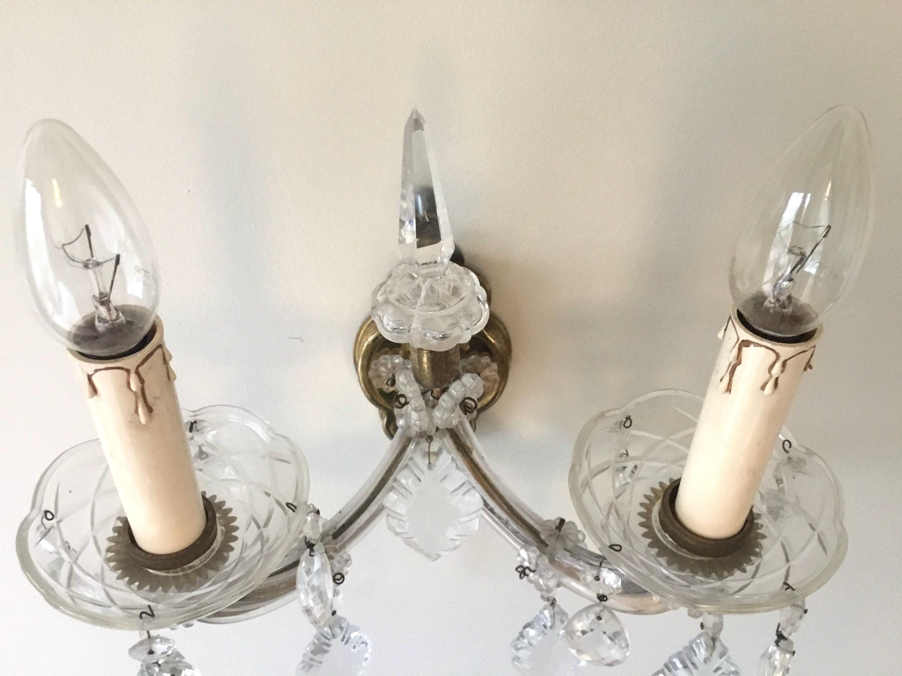 Vintage Wall Lamps | 1940s French Crystal and Brass Pair, Marie-Thérèse Style — photo 7 of 10