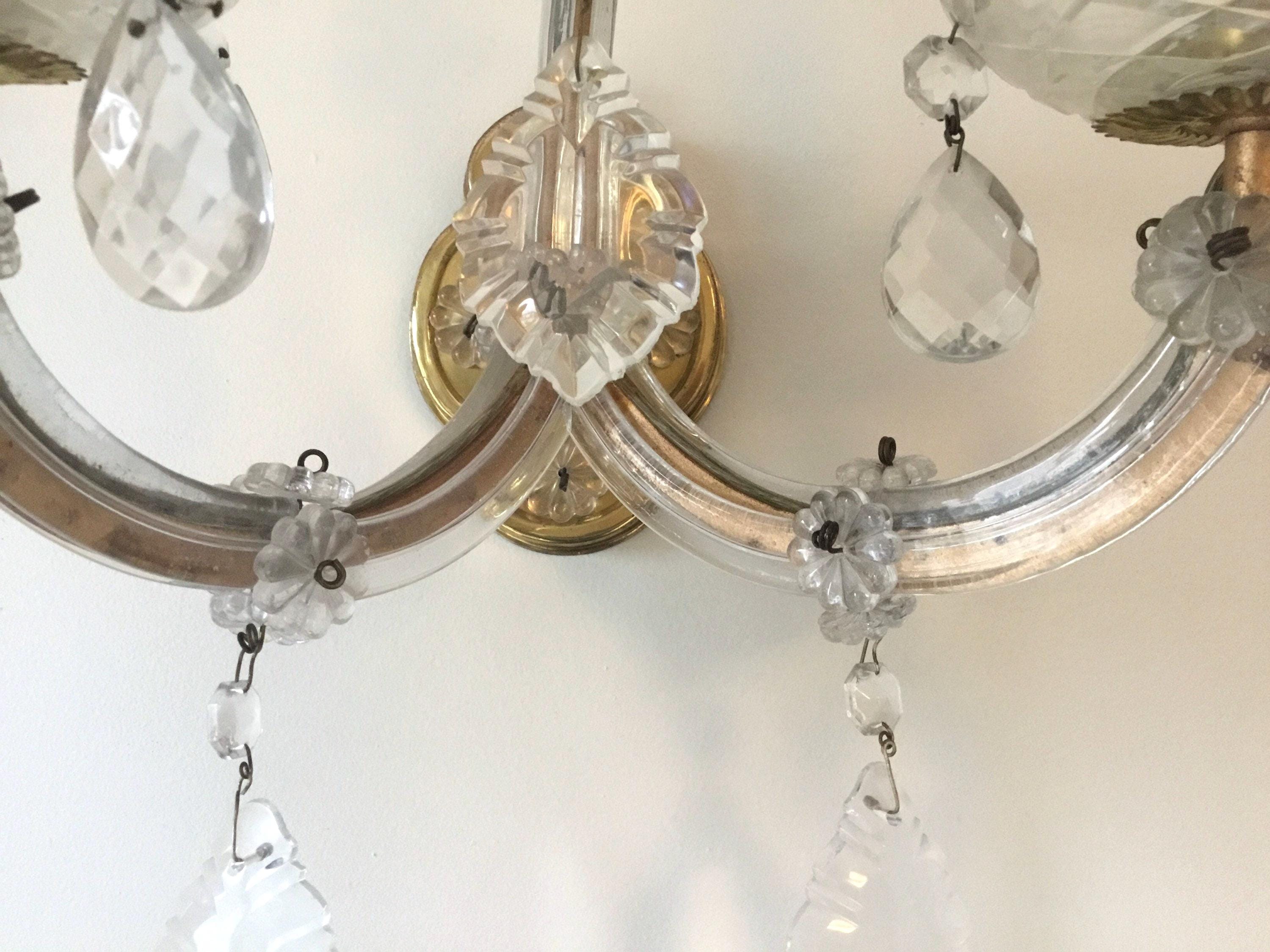 Vintage Wall Lamps | 1940s French Crystal and Brass Pair, Marie-Thérèse Style — photo 8 of 10