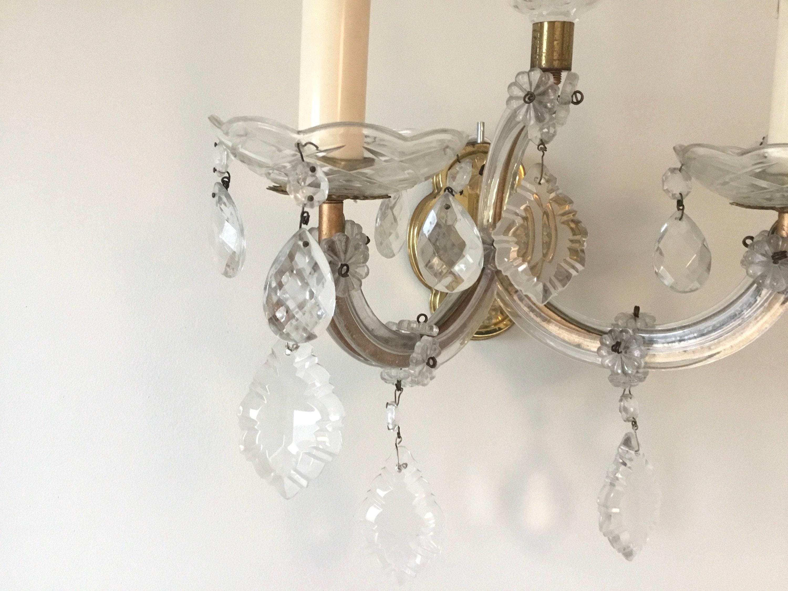 Vintage Wall Lamps | 1940s French Crystal and Brass Pair, Marie-Thérèse Style — photo 9 of 10