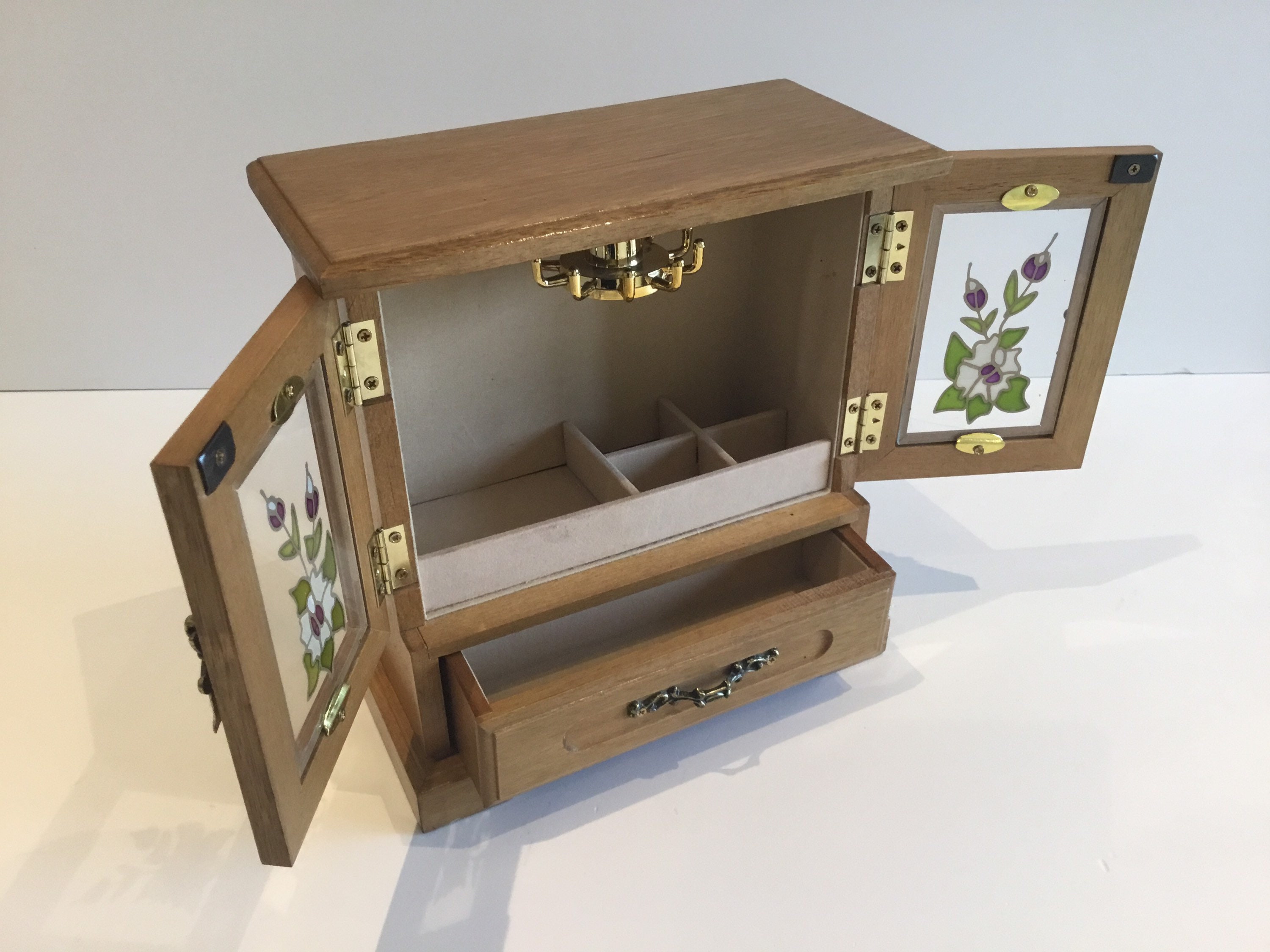 Vintage  Music Box | 1970s Japanese Jewelry Cabinet, Sankyo Mechanism & Relief Glass — photo 2 of 11