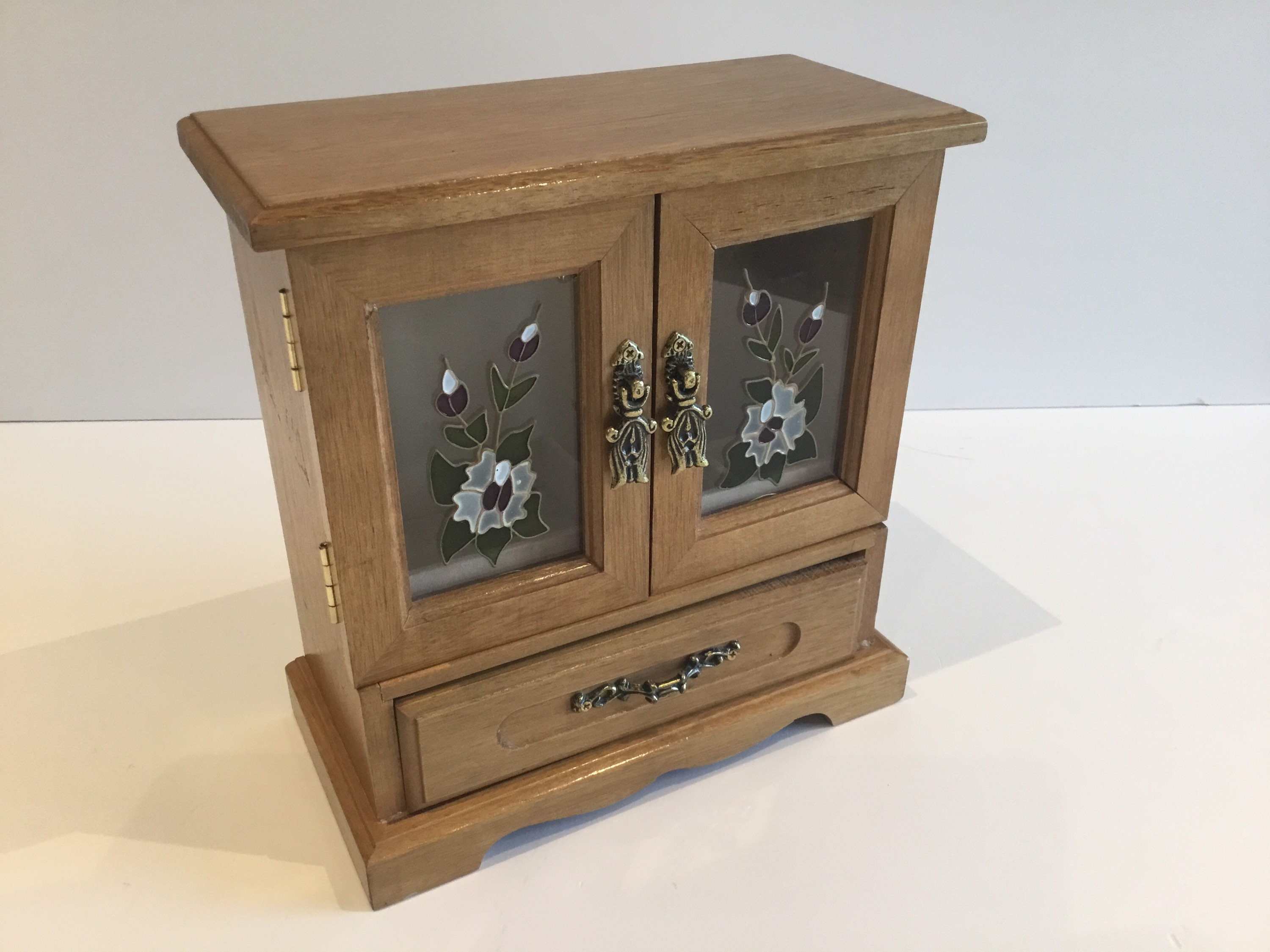 Vintage  Music Box | 1970s Japanese Jewelry Cabinet, Sankyo Mechanism & Relief Glass — photo 3 of 11