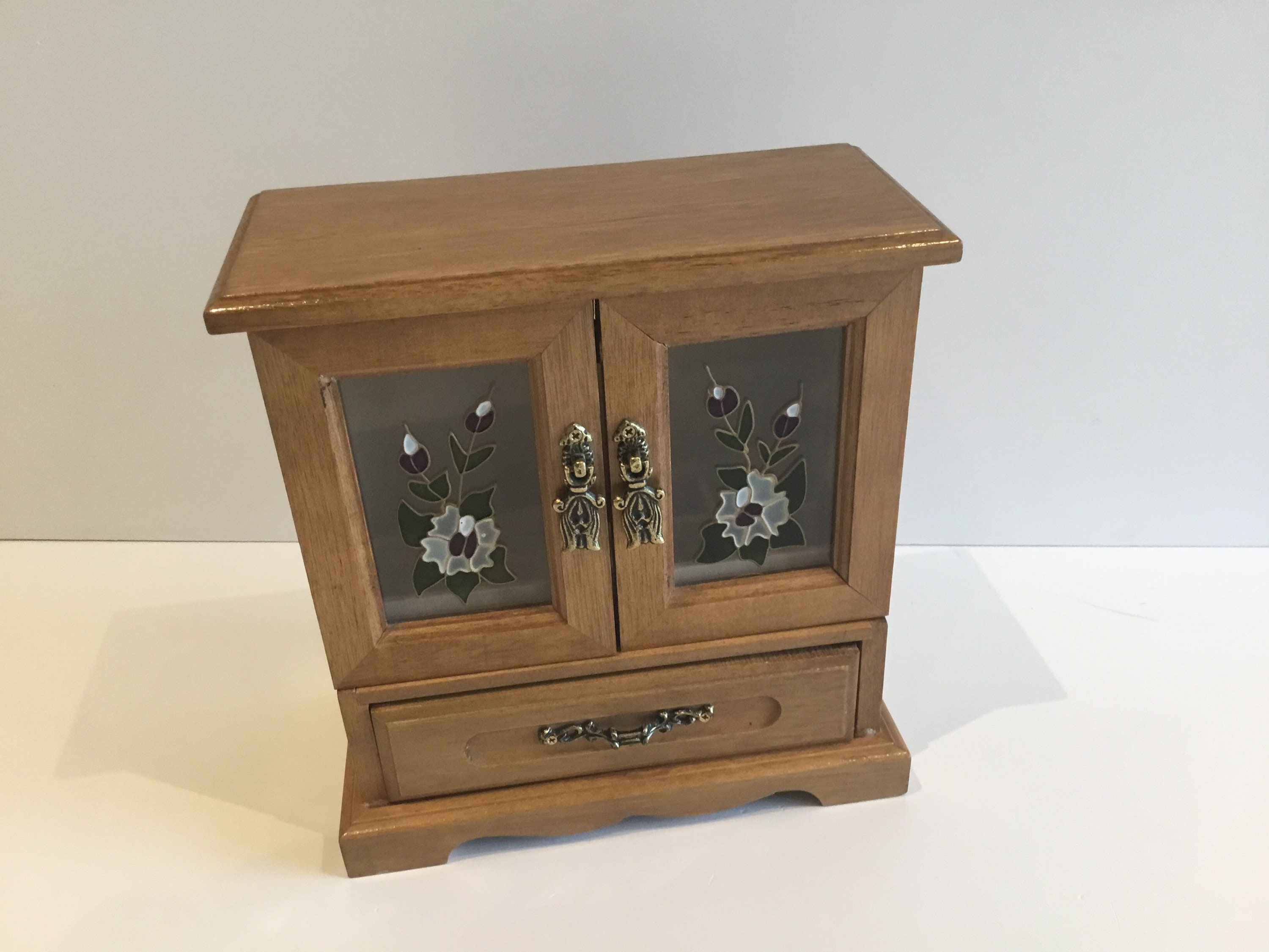 Vintage  Music Box | 1970s Japanese Jewelry Cabinet, Sankyo Mechanism & Relief Glass — photo 5 of 11