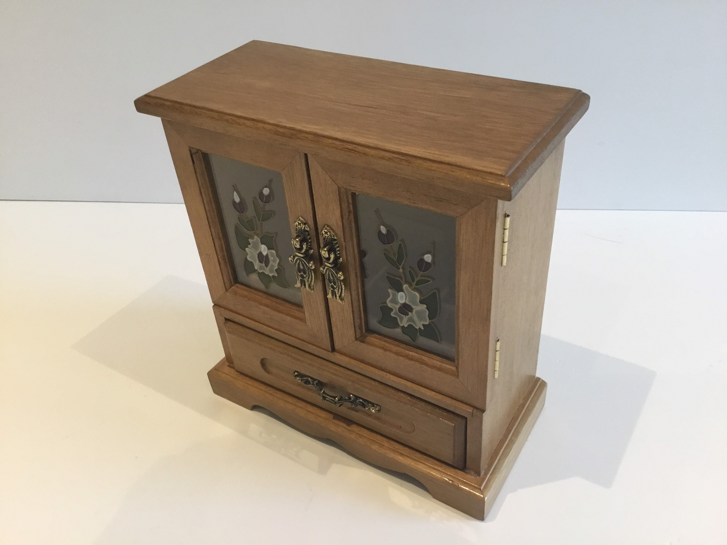 Vintage  Music Box | 1970s Japanese Jewelry Cabinet, Sankyo Mechanism & Relief Glass — photo 6 of 11