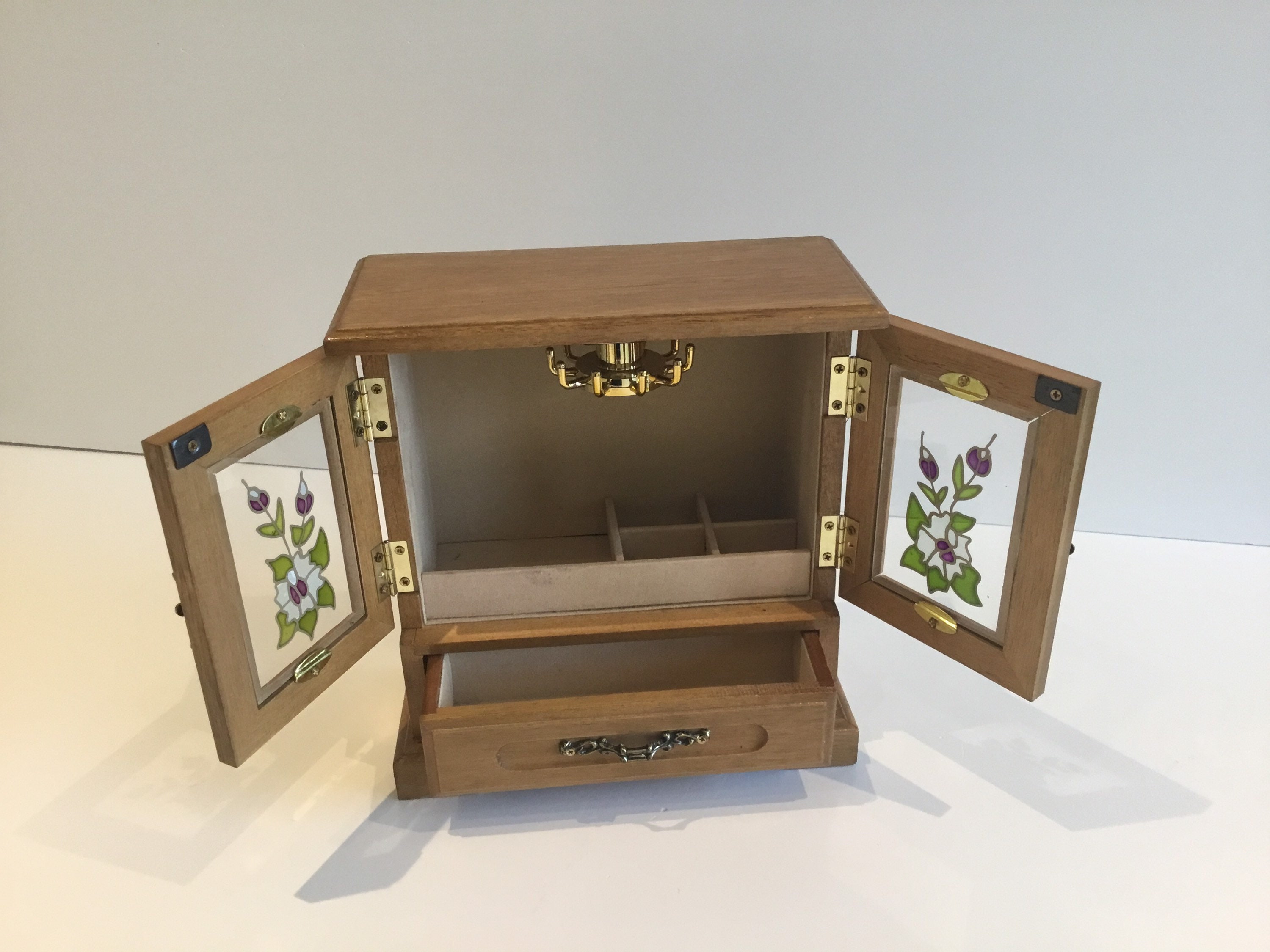 Vintage  Music Box | 1970s Japanese Jewelry Cabinet, Sankyo Mechanism & Relief Glass — photo 7 of 11