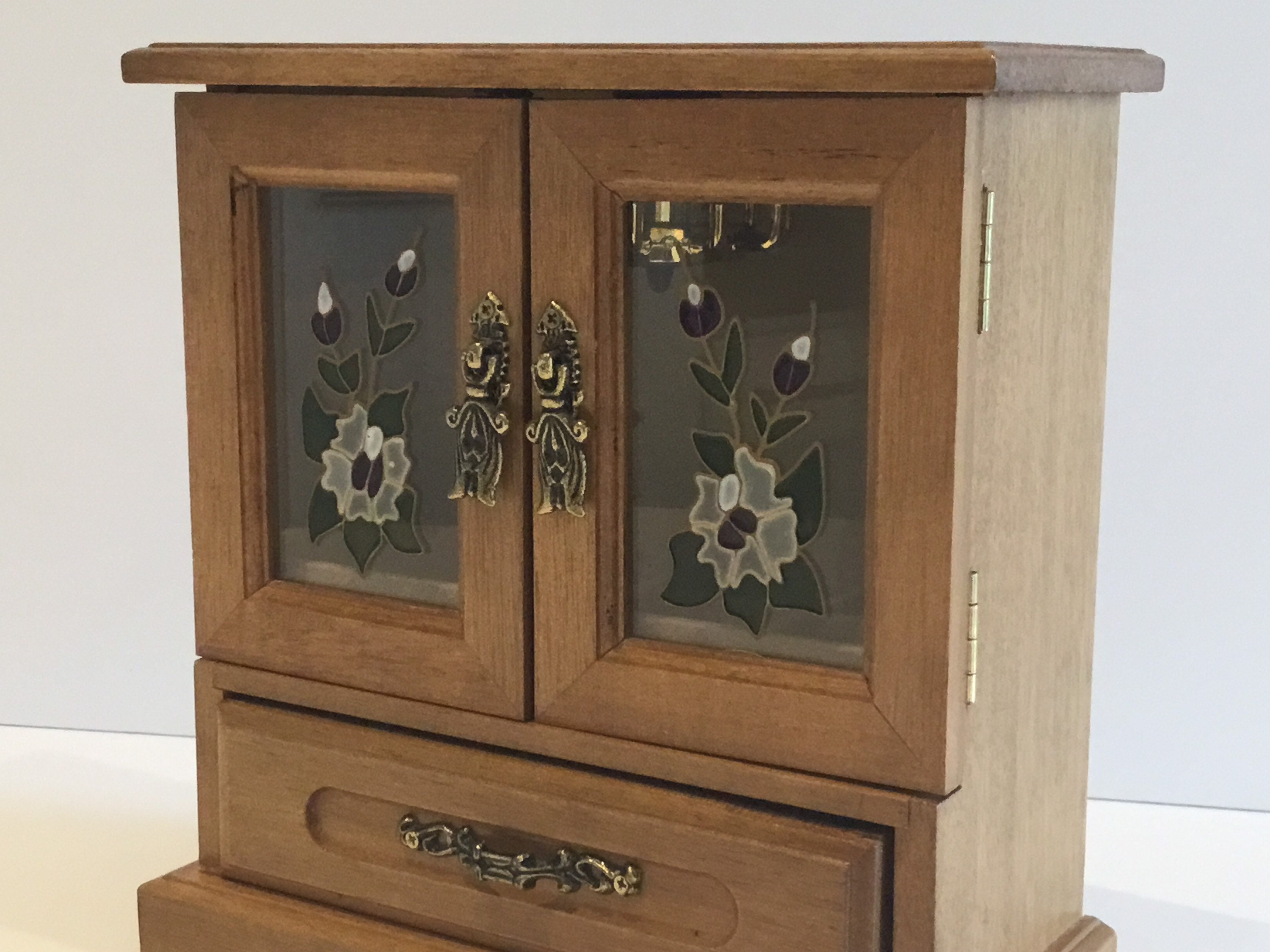Vintage  Music Box | 1970s Japanese Jewelry Cabinet, Sankyo Mechanism & Relief Glass — photo 9 of 11