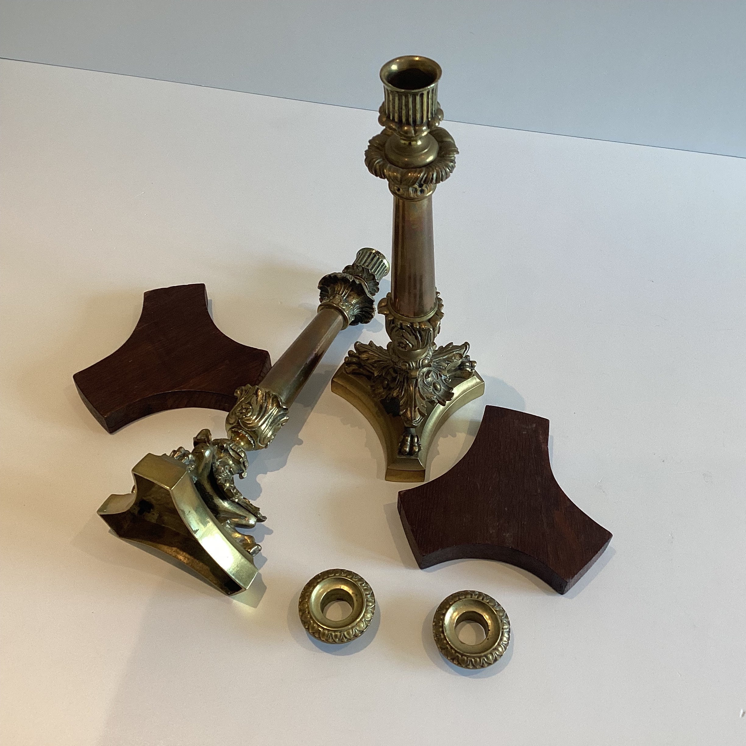 Antique Bronze Candlesticks | Charles X Empire France 1820s, Pair with Movable Wood Base — photo 7 of 8