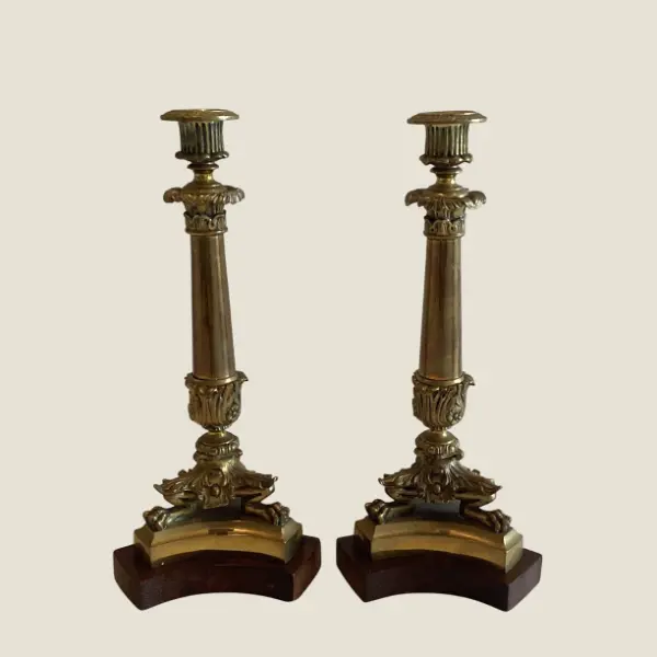 Antique Bronze Candlesticks | Charles X Empire France 1820s, Pair with Movable Wood Base