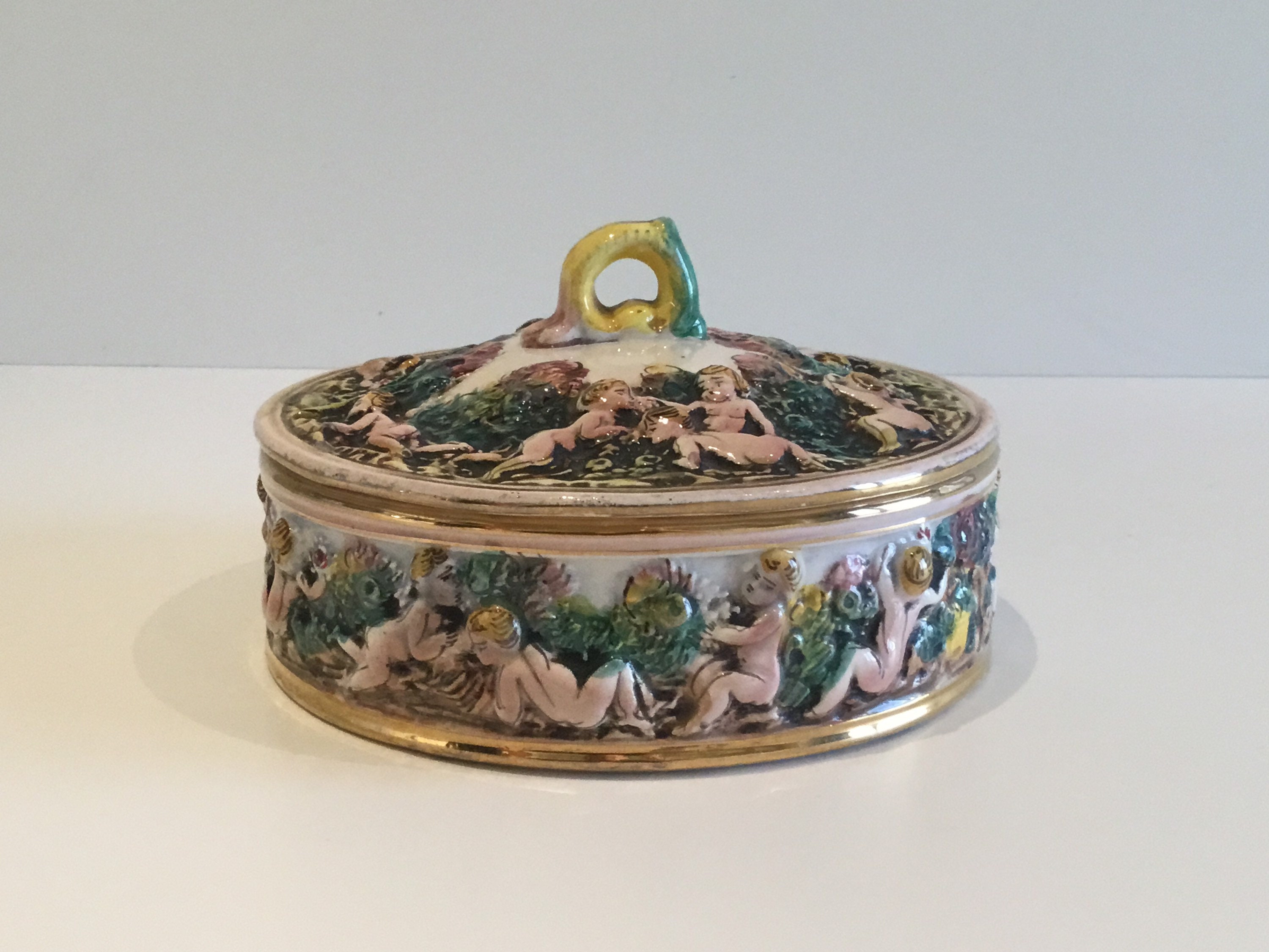 Vintage Porcelain Box | Capodimonte Italy 1950s, Hand-Painted Floral Embossed Decor — photo 2 of 6