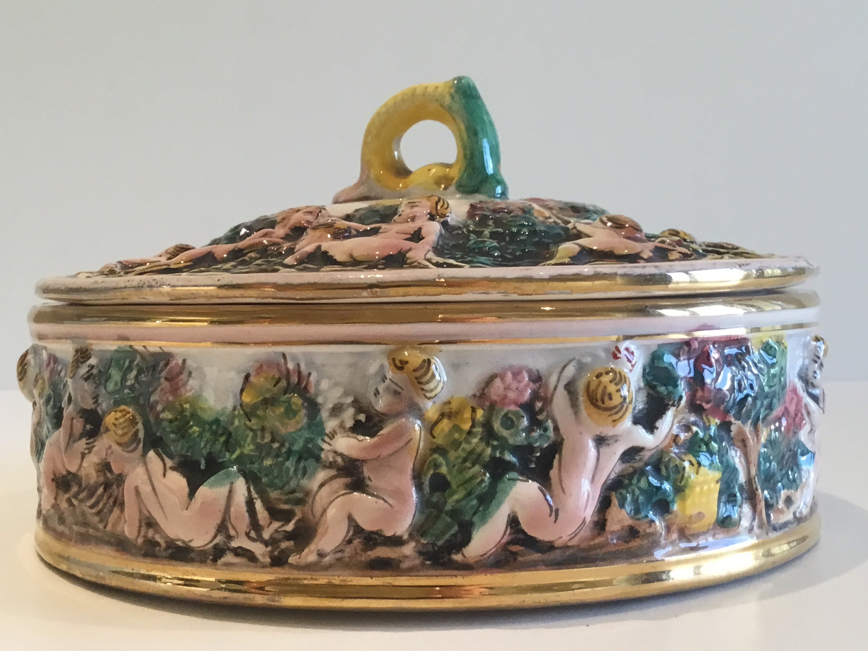 Vintage Porcelain Box | Capodimonte Italy 1950s, Hand-Painted Floral Embossed Decor — photo 3 of 6