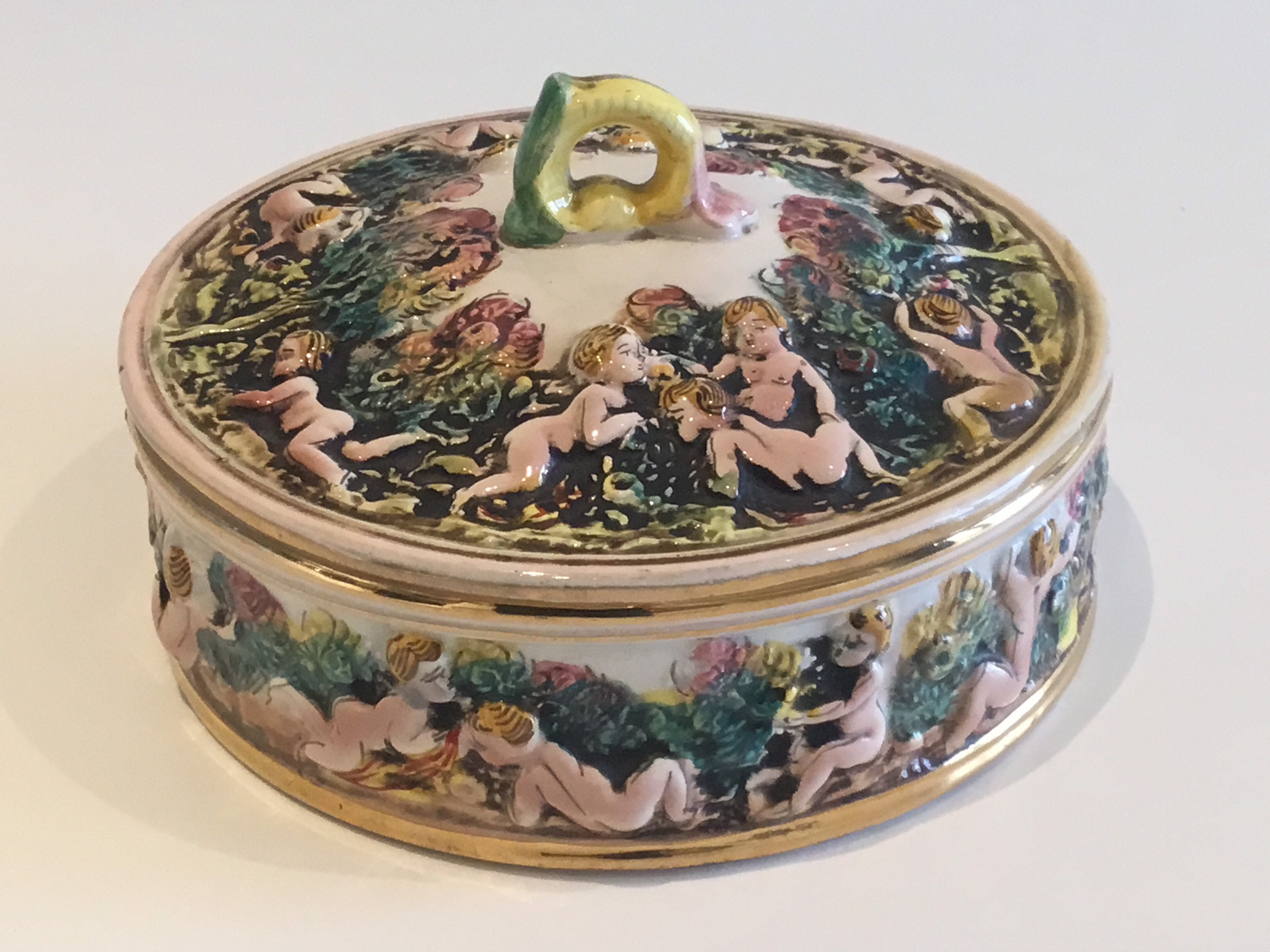 Vintage Porcelain Box | Capodimonte Italy 1950s, Hand-Painted Floral Embossed Decor — photo 4 of 6
