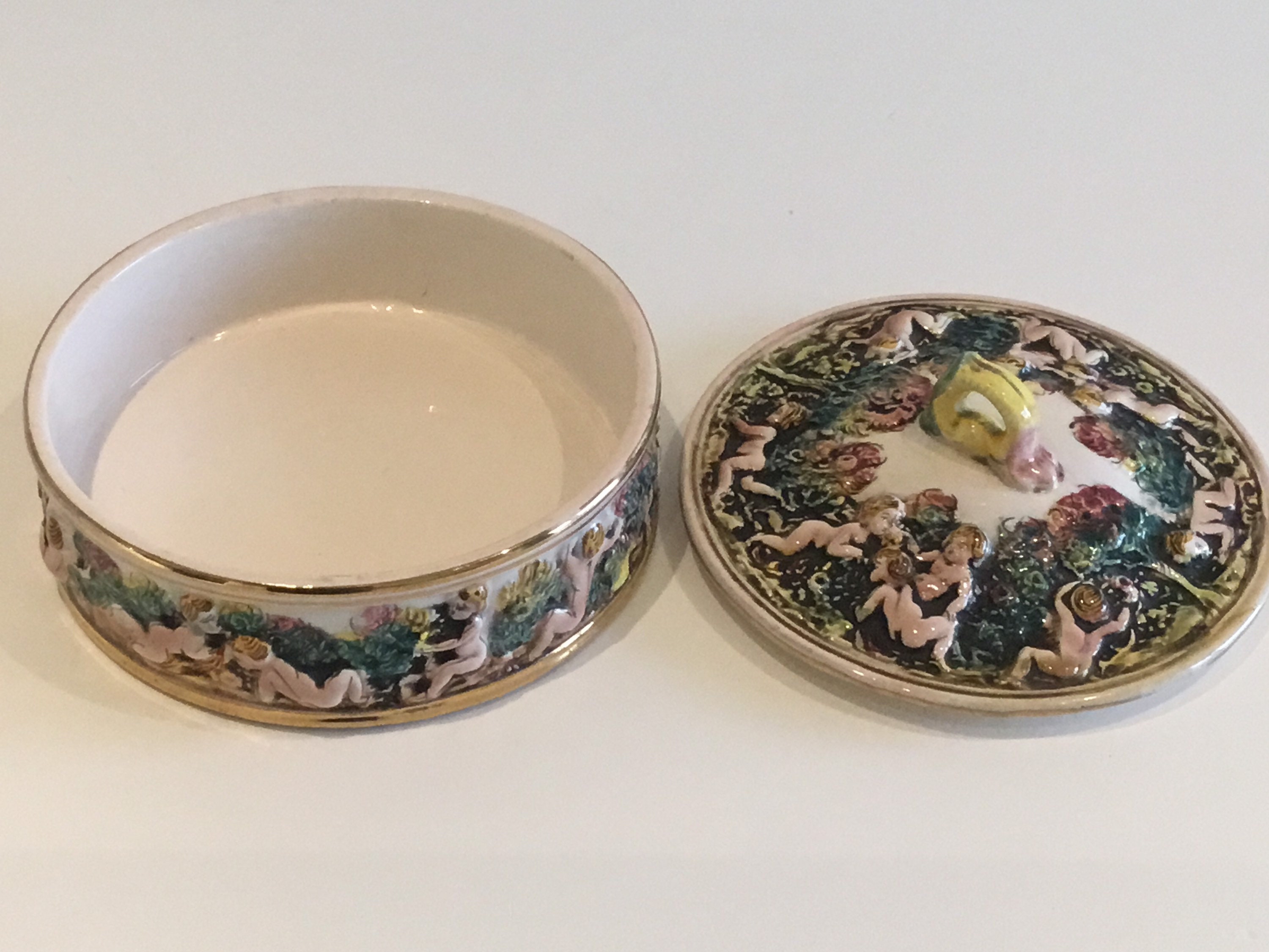Vintage Porcelain Box | Capodimonte Italy 1950s, Hand-Painted Floral Embossed Decor — photo 5 of 6