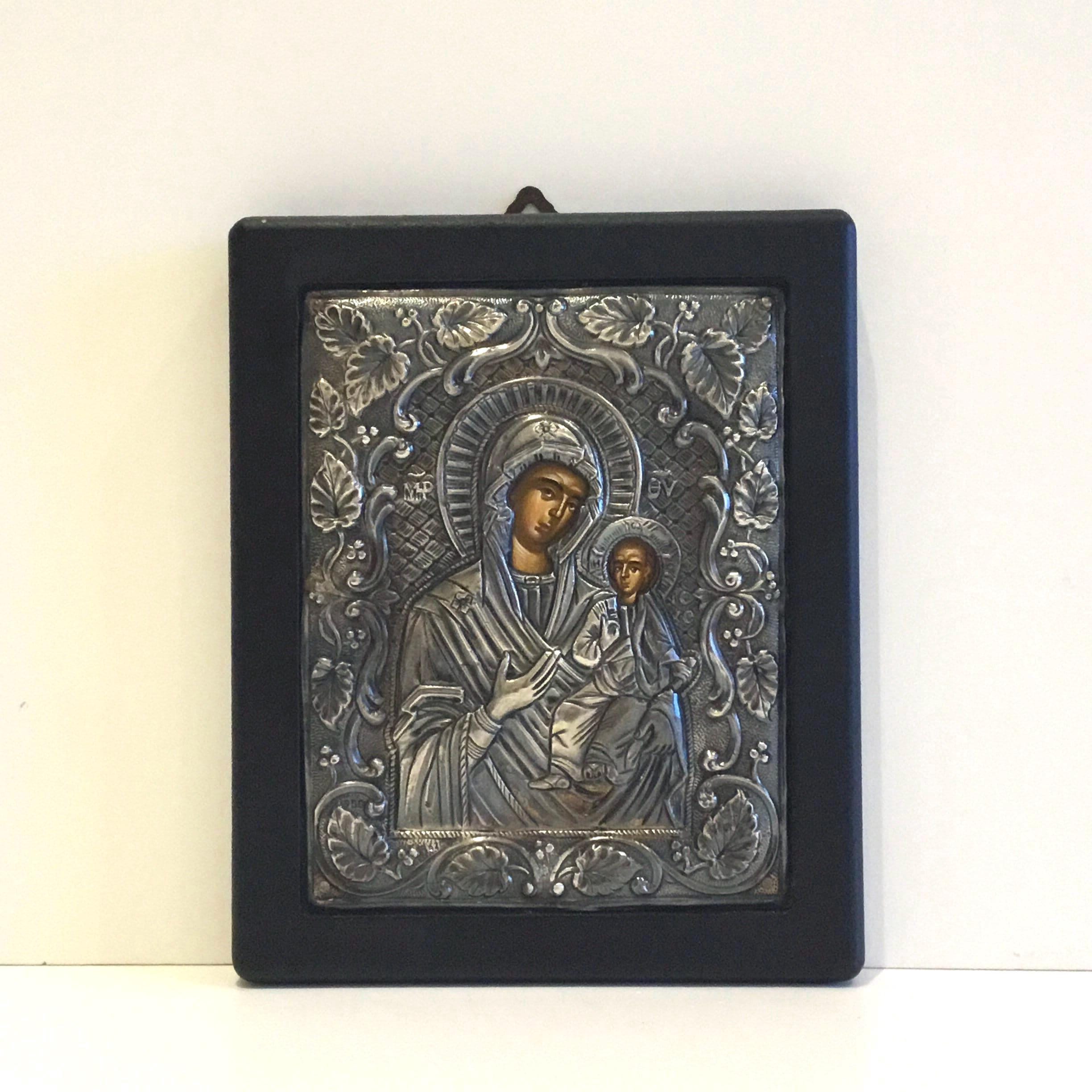 Vintage Greek Icon | 1960s Saint Mary and Child, Silver Covered Byzantine Style — photo 2 of 8