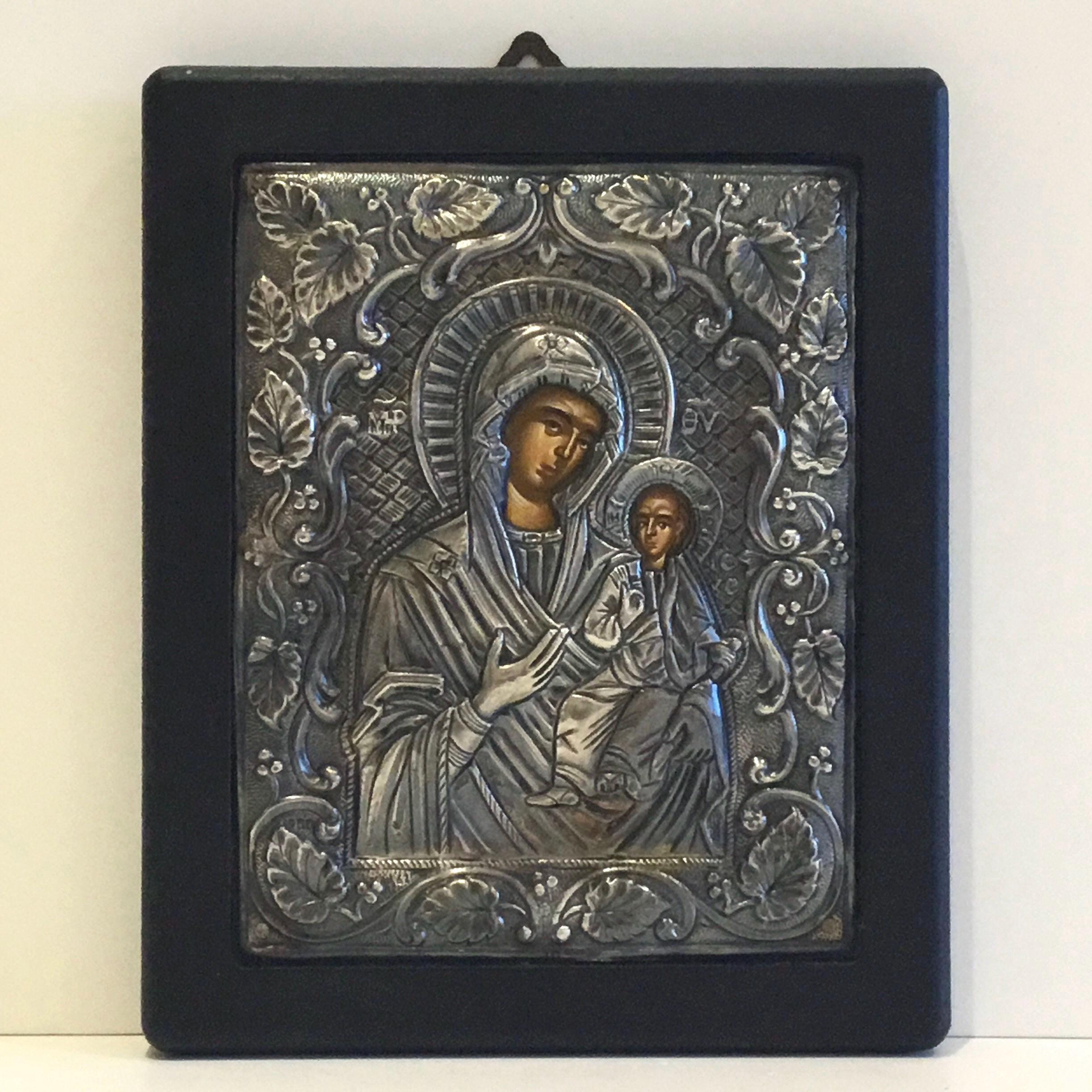 Vintage Greek Icon | 1960s Saint Mary and Child, Silver Covered Byzantine Style — photo 3 of 8