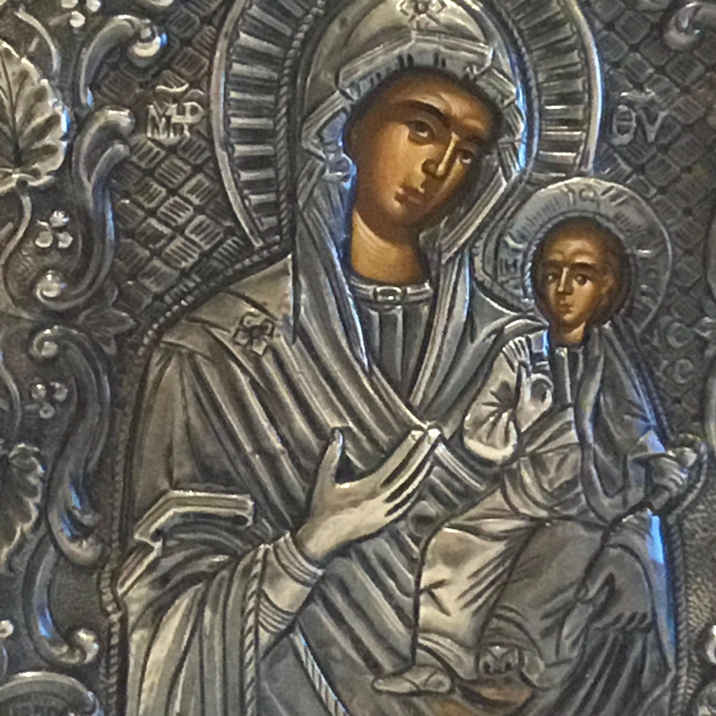 Vintage Greek Icon | 1960s Saint Mary and Child, Silver Covered Byzantine Style — photo 4 of 8
