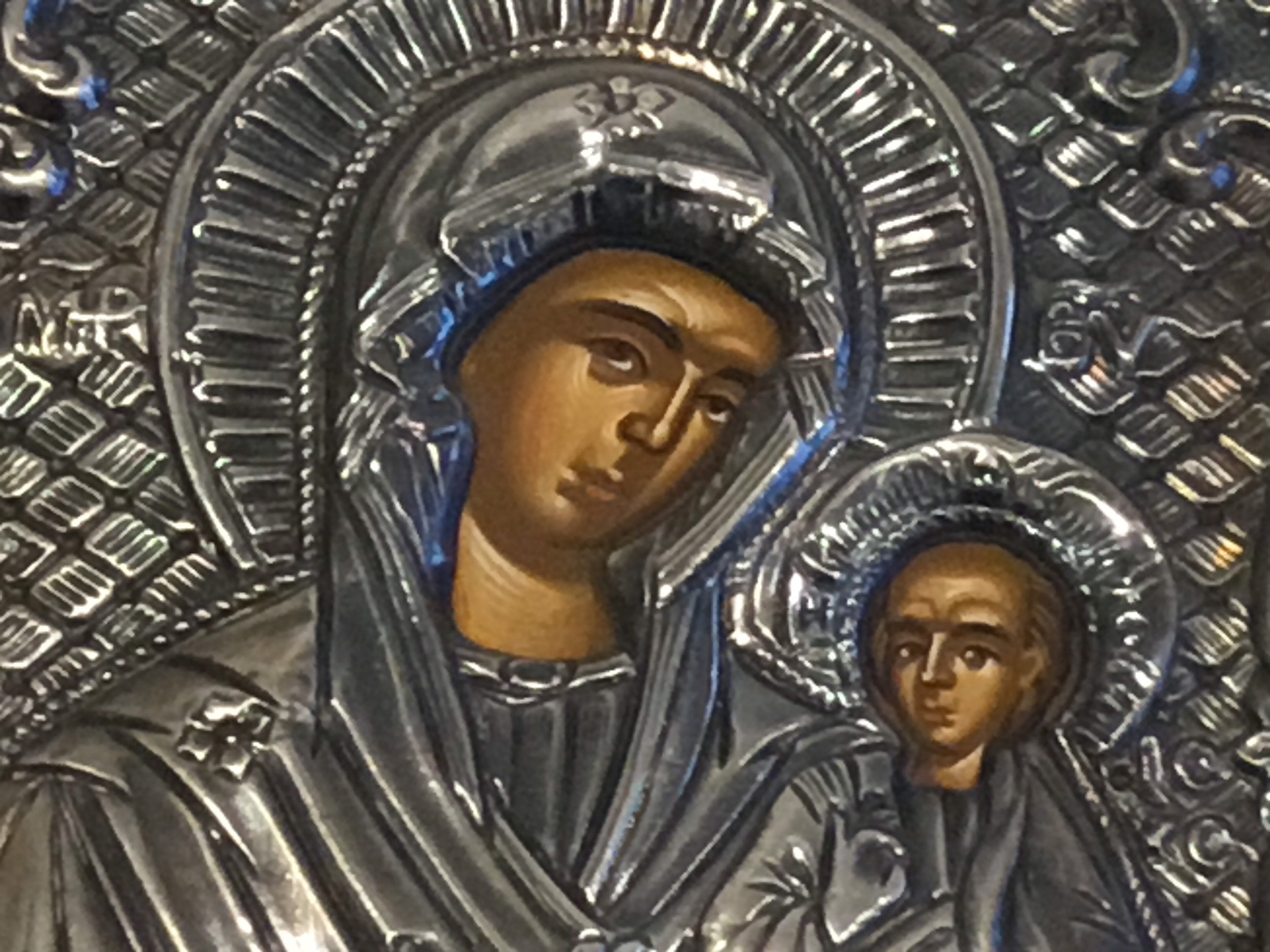 Vintage Greek Icon | 1960s Saint Mary and Child, Silver Covered Byzantine Style — photo 5 of 8