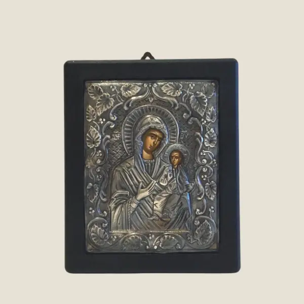 Vintage Greek Icon | 1960s Saint Mary and Child, Silver Covered Byzantine Style