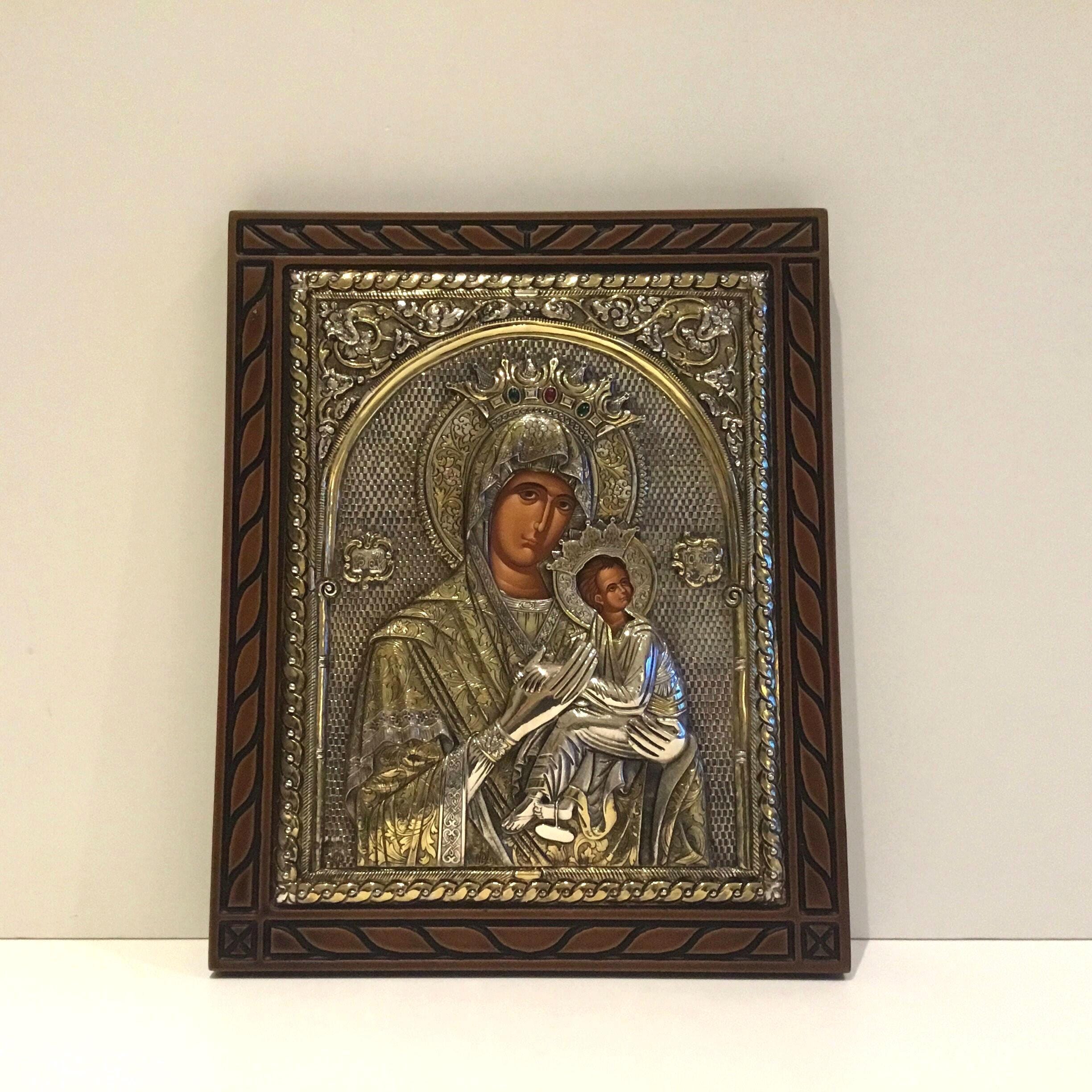 Religious Icon | 1970s Greek Saint Mary and Jesus, Large 950 Silver Artwork — photo 2 of 7