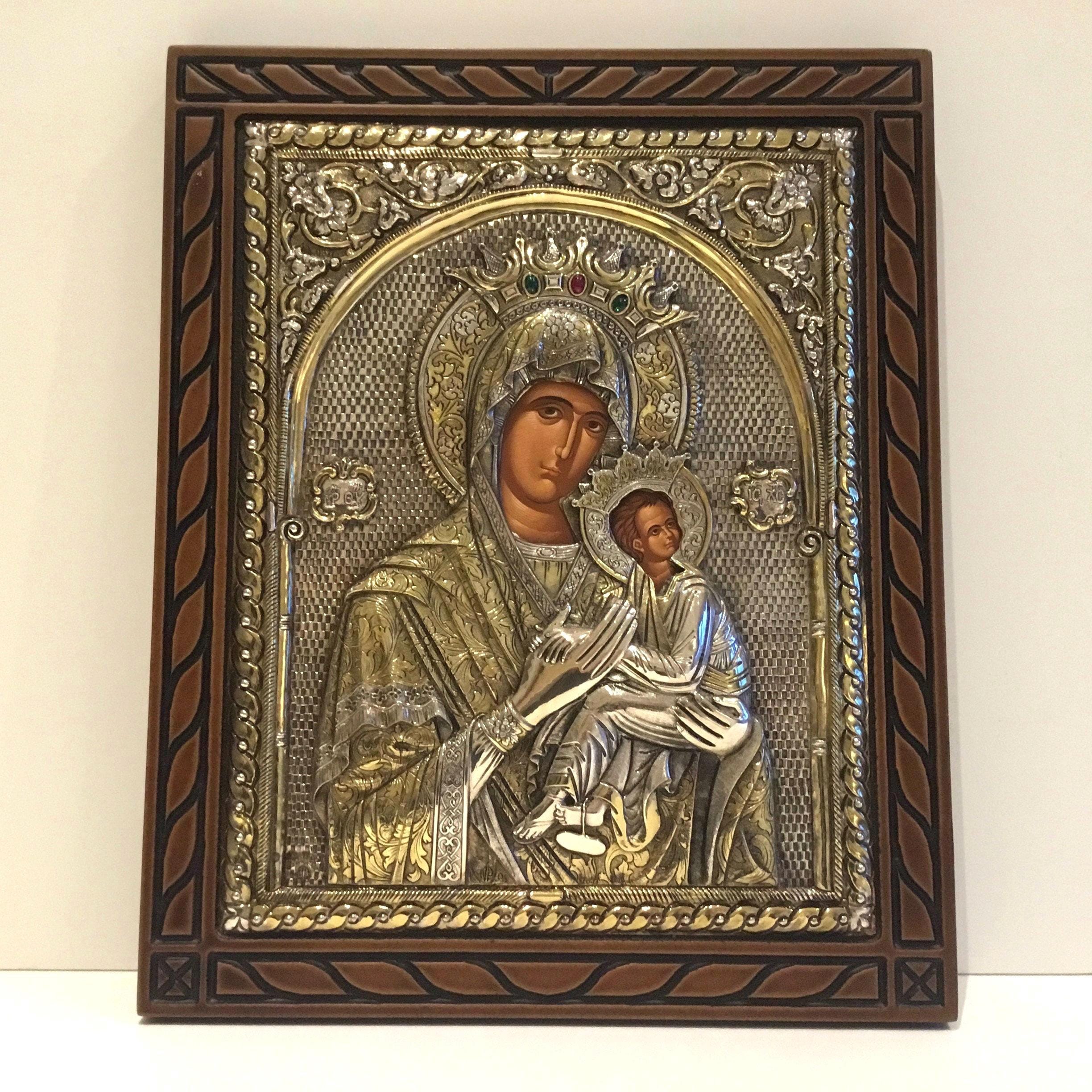 Religious Icon | 1970s Greek Saint Mary and Jesus, Large 950 Silver Artwork — photo 3 of 7