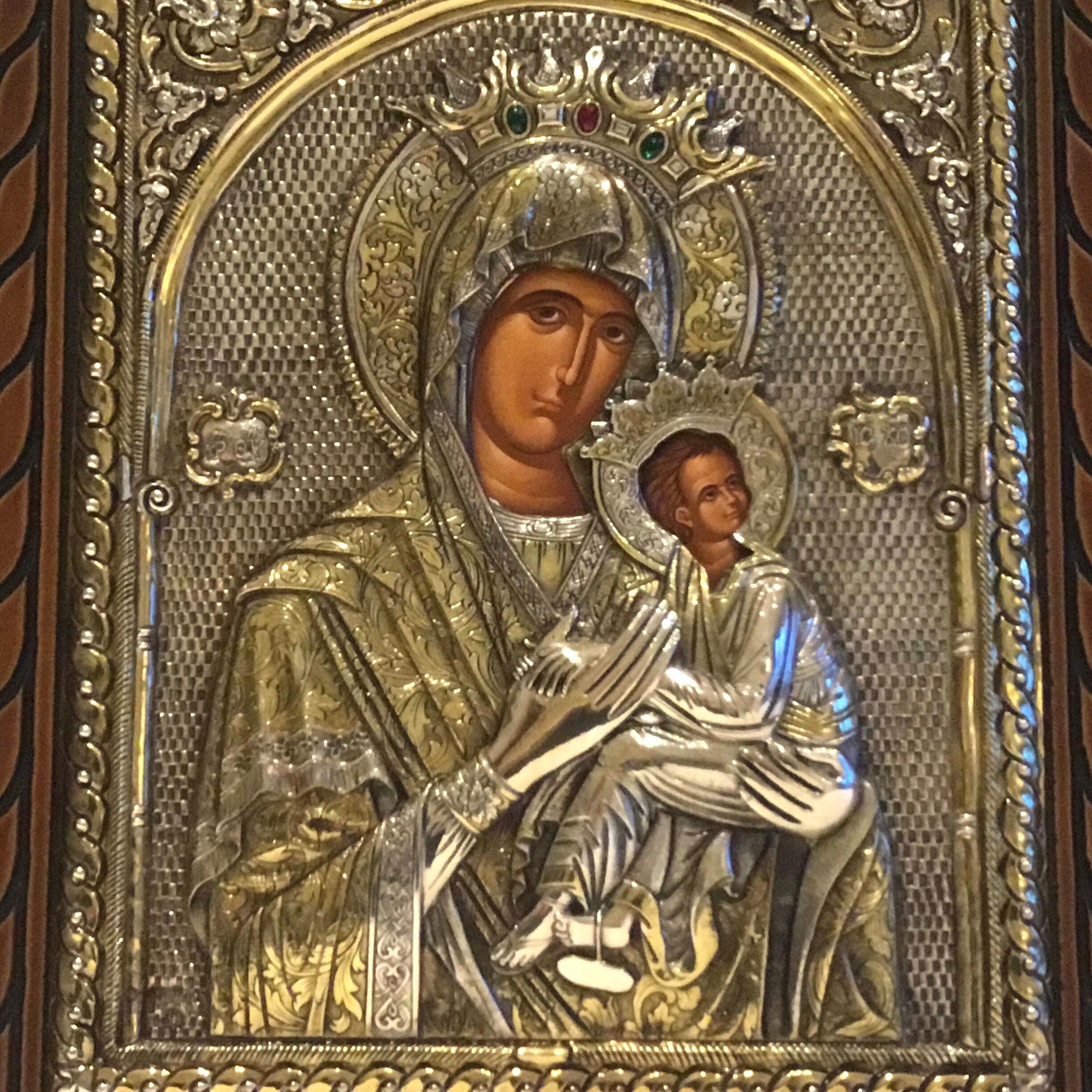 Religious Icon | 1970s Greek Saint Mary and Jesus, Large 950 Silver Artwork — photo 4 of 7