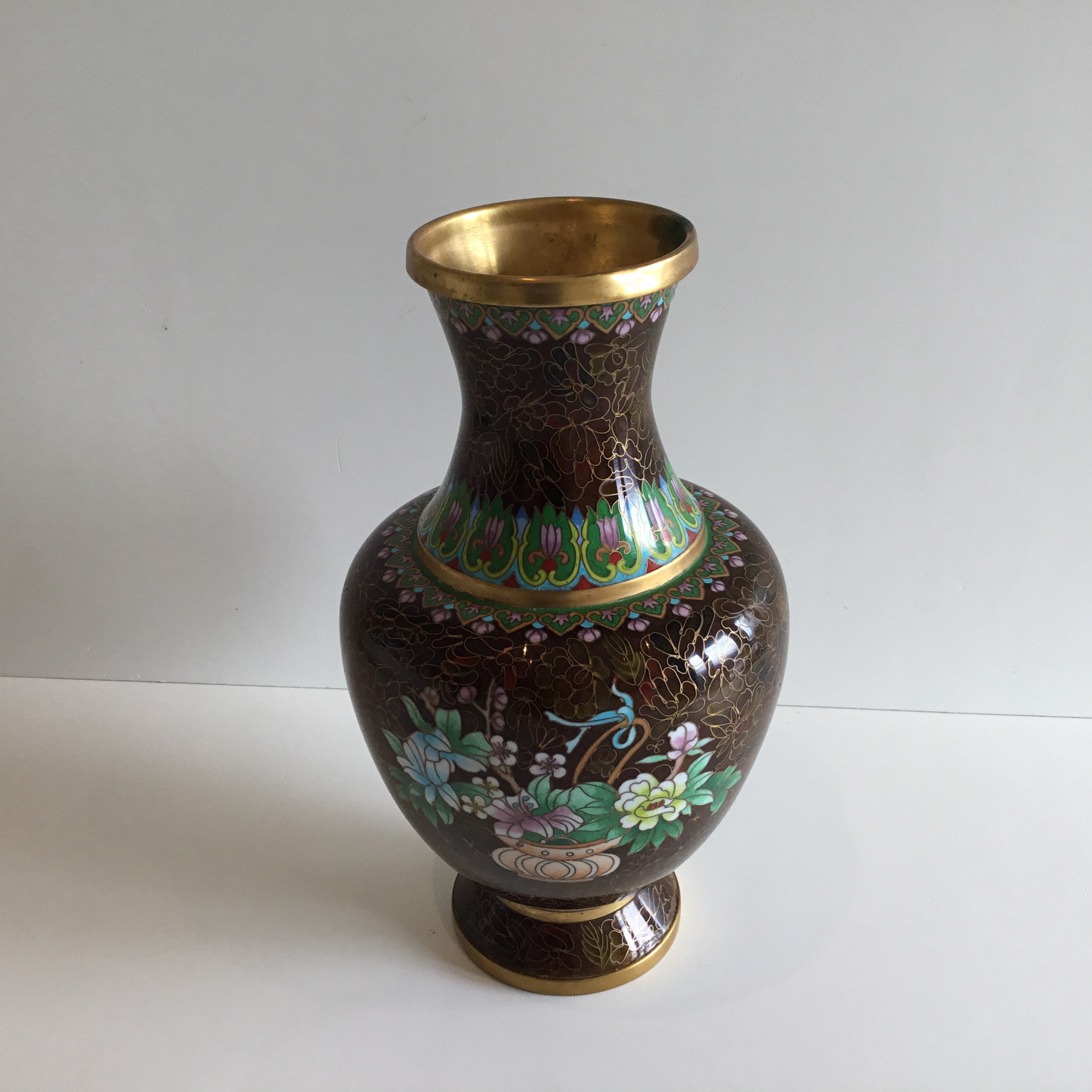 Vintage Cloisonné Vase | 1950s Chinese Enamel Floral Brown, Large Decorative Vase — photo 2 of 10